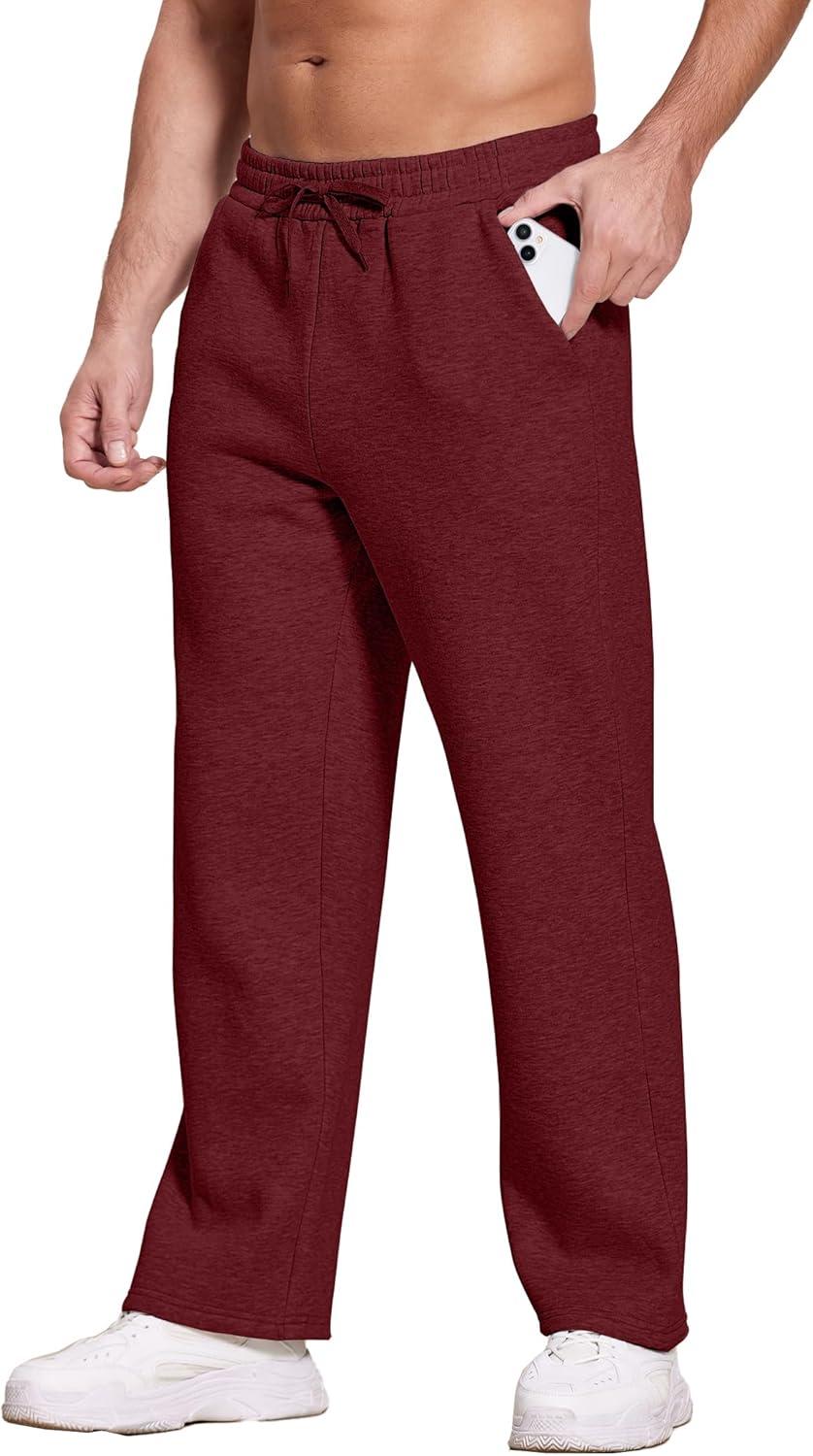 imageDeyeek Mens Fleece Lined Sweatpants Open Bottom Straight Leg Sweat Pants for Mens Loose Fit Joggers Sweatpants with PocketsMaroon