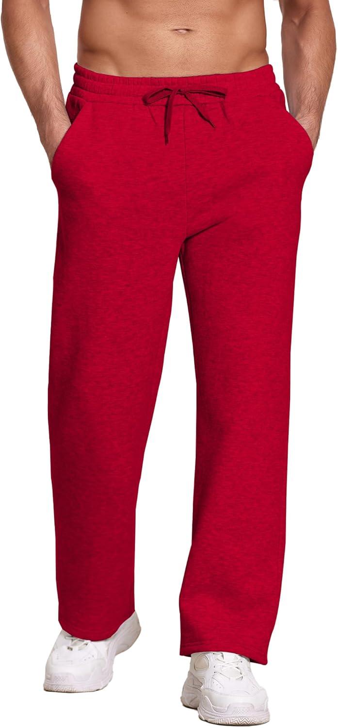imageDeyeek Mens Fleece Lined Sweatpants Open Bottom Straight Leg Sweat Pants for Mens Loose Fit Joggers Sweatpants with PocketsRed
