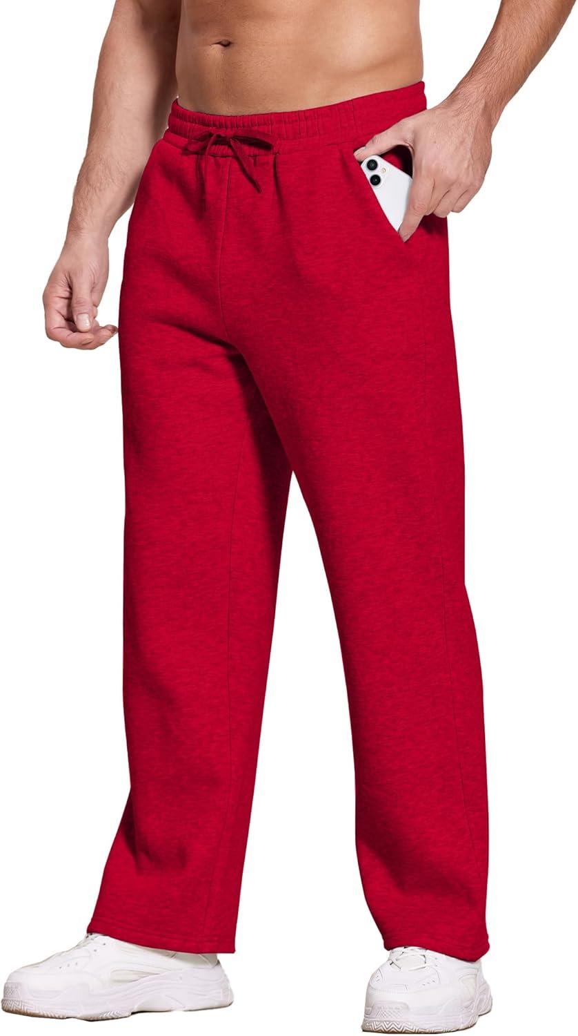 imageDeyeek Mens Fleece Lined Sweatpants Open Bottom Straight Leg Sweat Pants for Mens Loose Fit Joggers Sweatpants with PocketsRed