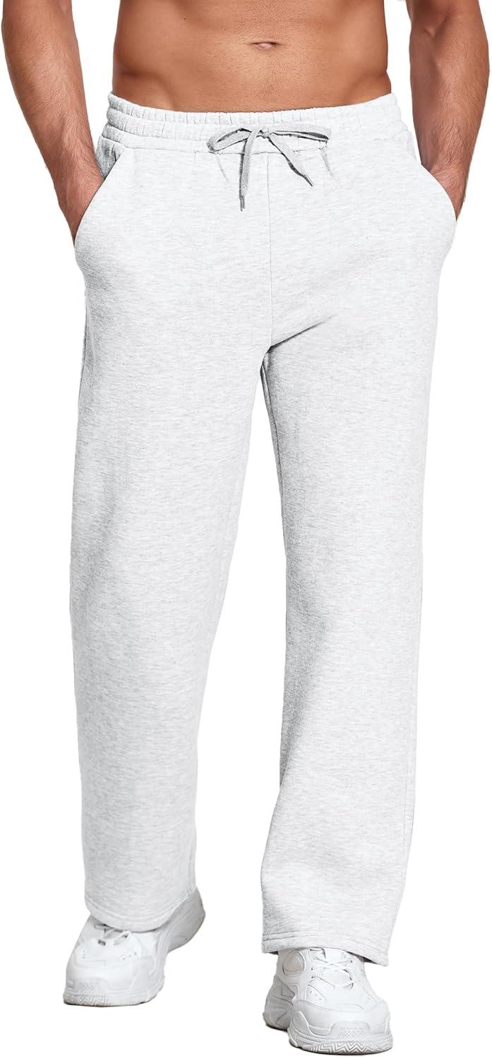imageDeyeek Mens Fleece Lined Sweatpants Open Bottom Straight Leg Sweat Pants for Mens Loose Fit Joggers Sweatpants with PocketsWhite