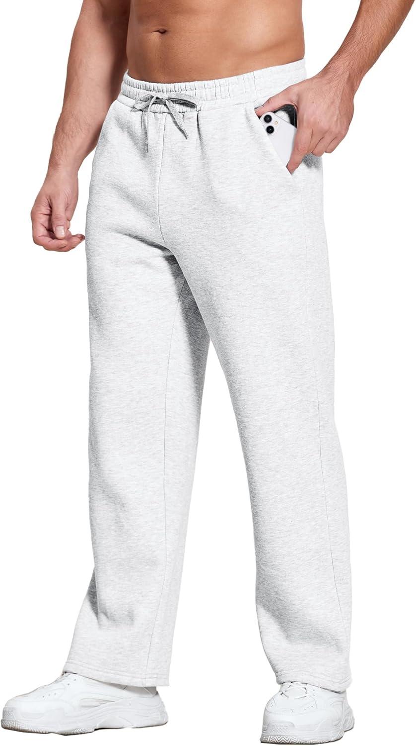 imageDeyeek Mens Fleece Lined Sweatpants Open Bottom Straight Leg Sweat Pants for Mens Loose Fit Joggers Sweatpants with PocketsWhite