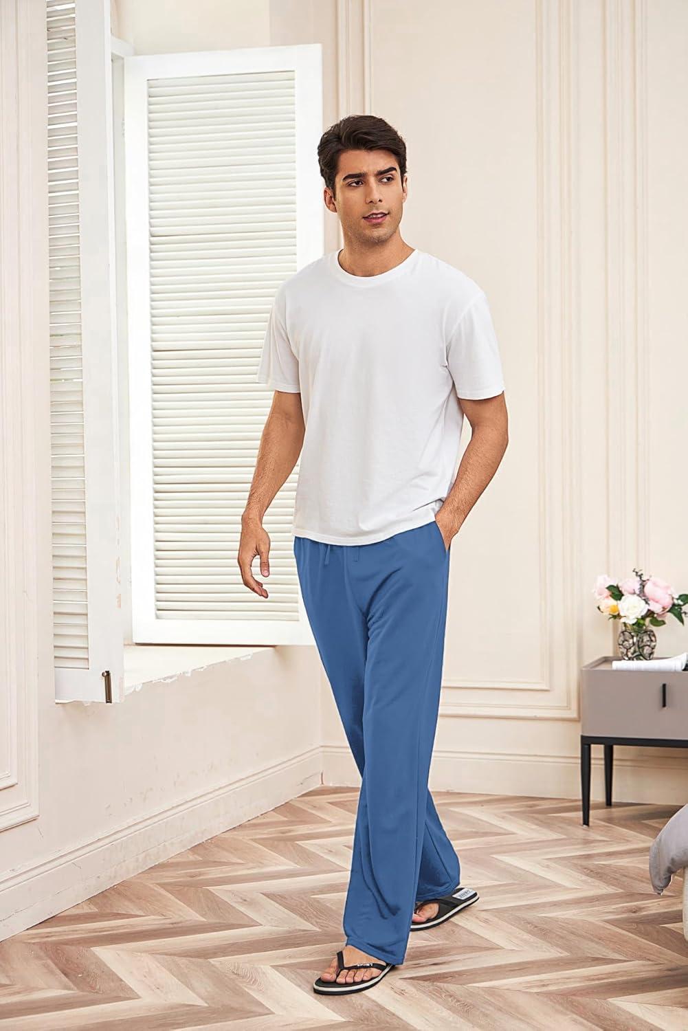 imageDeyeek Mens Lightweight Sweatpants Open Bottom Sweat Pants for Men Straight Leg Gym Sweatpants Lounge Pants with PocketsMarine Blue