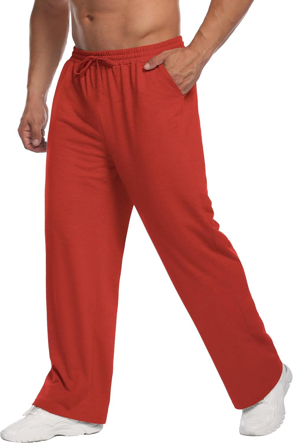 imageDeyeek Mens Lightweight Sweatpants Open Bottom Sweat Pants for Men Straight Leg Gym Sweatpants Lounge Pants with PocketsRed