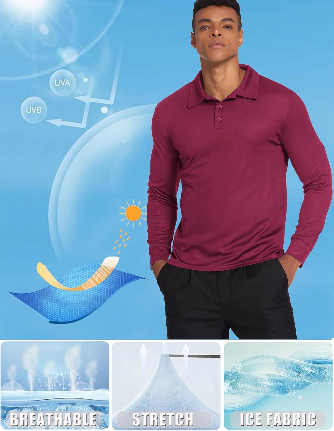 imageDeyeek Mens Polo Shirts Long Sleeve Golf Polo Shirts for Men Quick Dry UPF 50 Sun Protection Polos Casual Collared ShirtsDrak Red