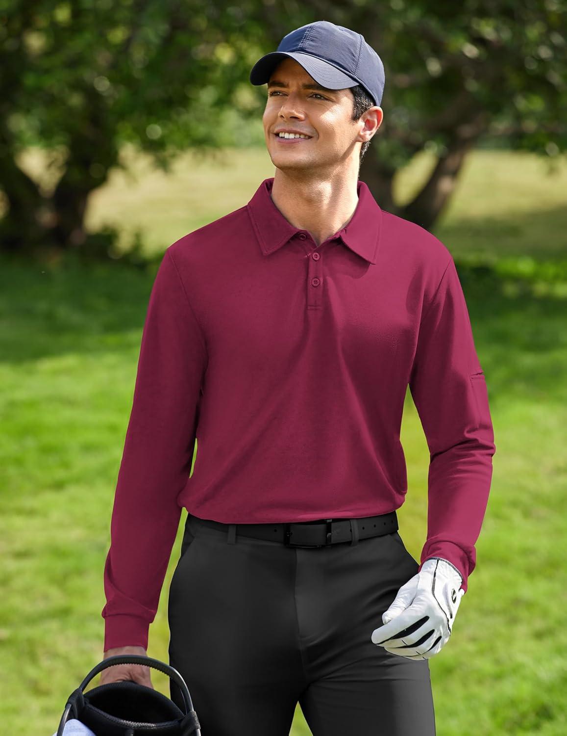 imageDeyeek Mens Polo Shirts Long Sleeve Golf Polo Shirts for Men Quick Dry UPF 50 Sun Protection Polos Casual Collared ShirtsDrak Red
