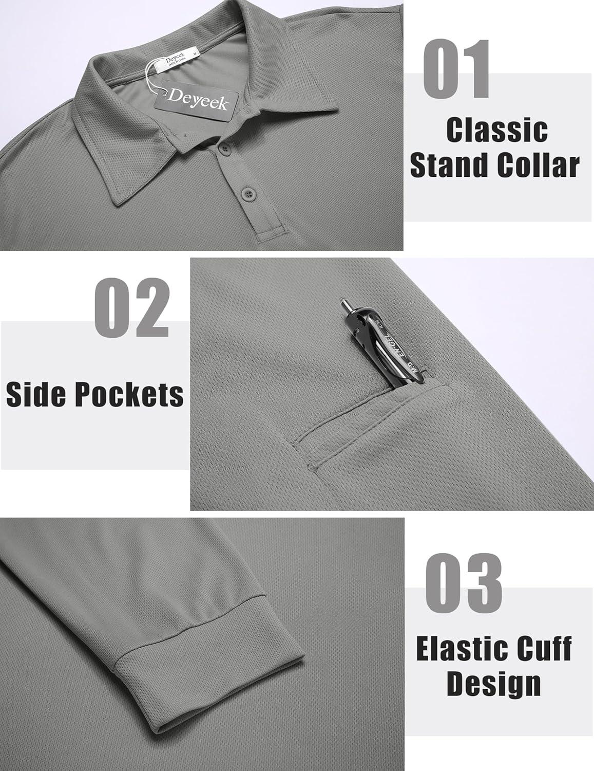 imageDeyeek Mens Polo Shirts Long Sleeve Golf Polo Shirts for Men Quick Dry UPF 50 Sun Protection Polos Casual Collared ShirtsLight Grey