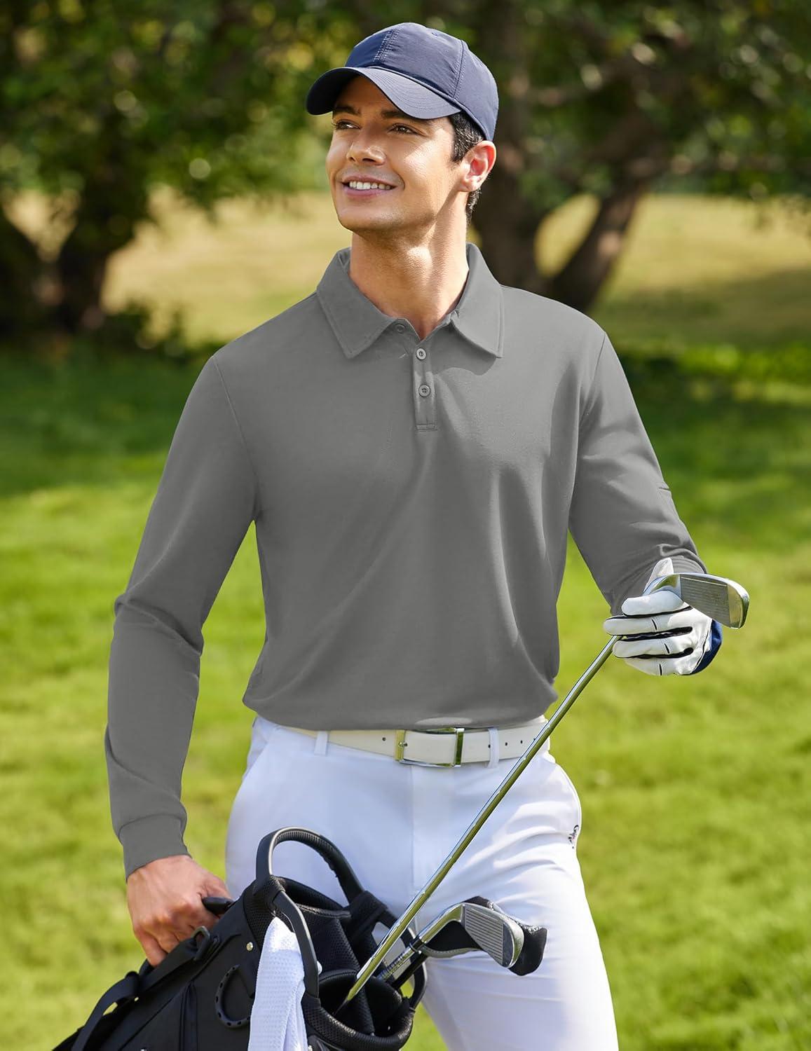imageDeyeek Mens Polo Shirts Long Sleeve Golf Polo Shirts for Men Quick Dry UPF 50 Sun Protection Polos Casual Collared ShirtsLight Grey
