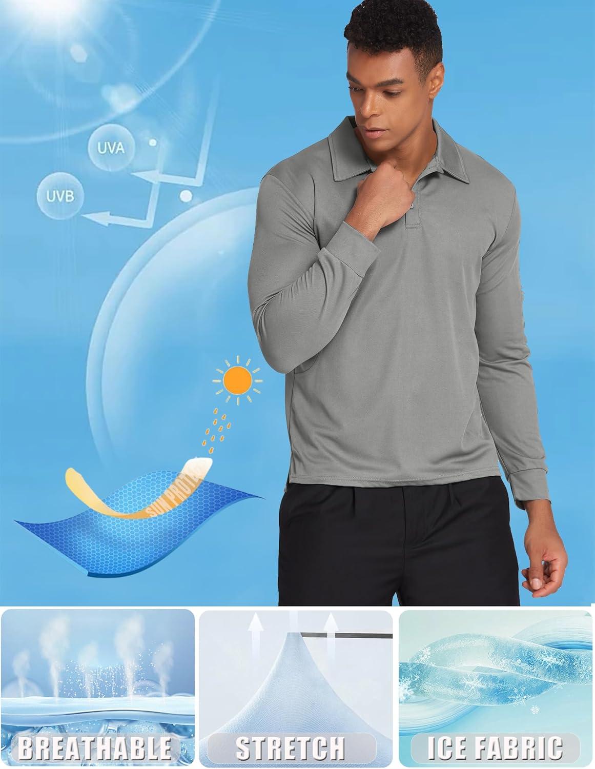 imageDeyeek Mens Polo Shirts Long Sleeve Golf Polo Shirts for Men Quick Dry UPF 50 Sun Protection Polos Casual Collared ShirtsLight Grey