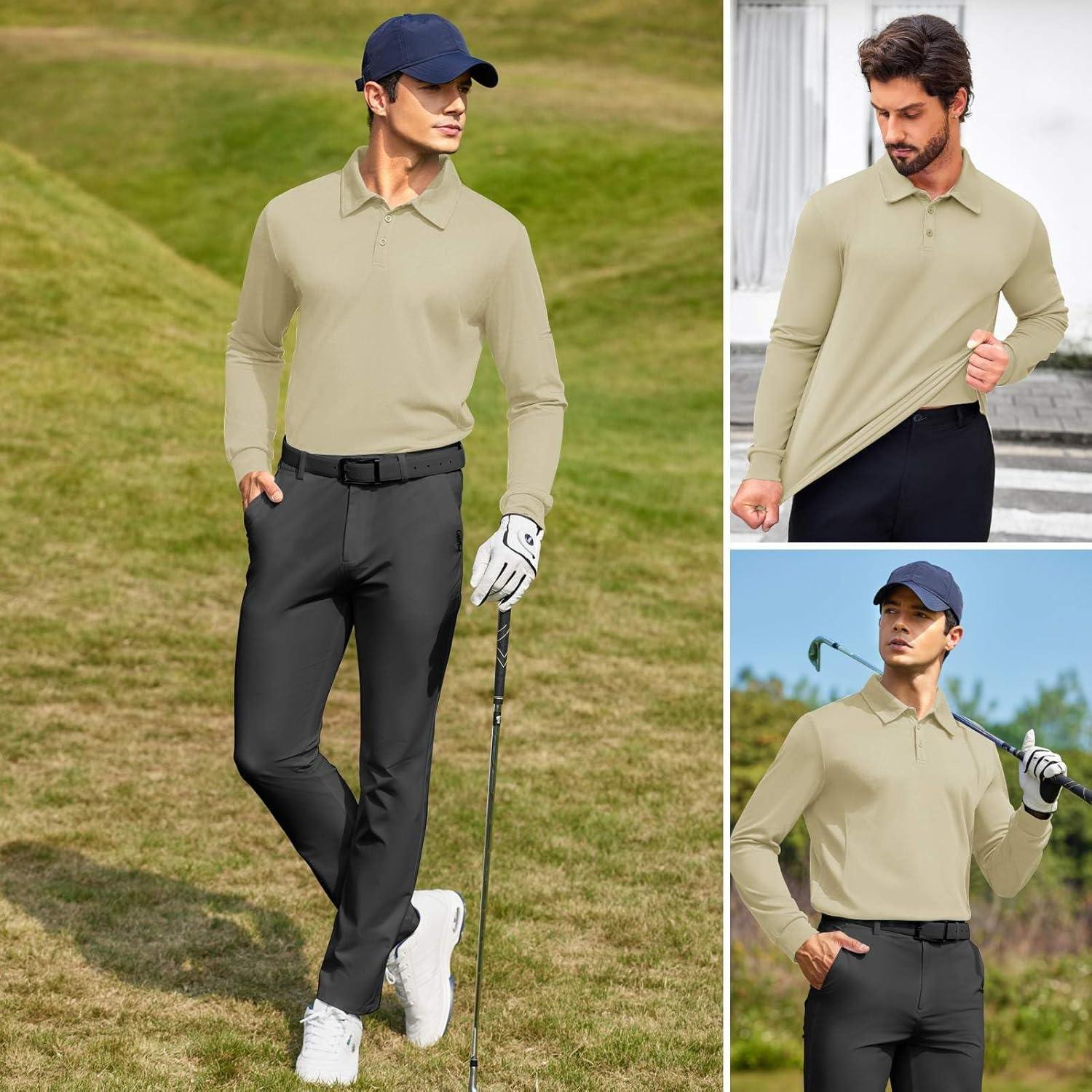 imageDeyeek Mens Polo Shirts Long Sleeve Golf Polo Shirts for Men Quick Dry UPF 50 Sun Protection Polos Casual Collared ShirtsLight Khaki