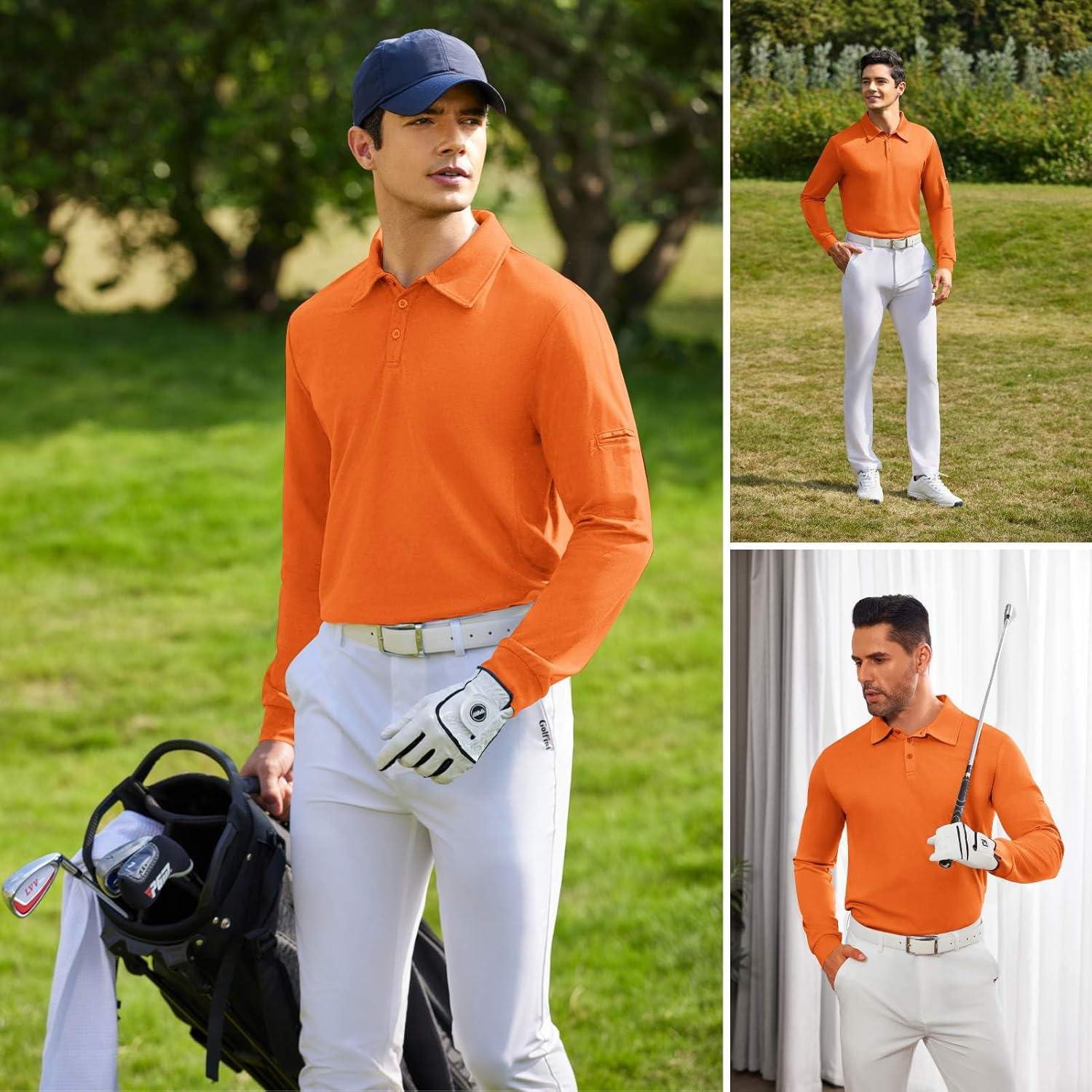 imageDeyeek Mens Polo Shirts Long Sleeve Golf Polo Shirts for Men Quick Dry UPF 50 Sun Protection Polos Casual Collared ShirtsOrange
