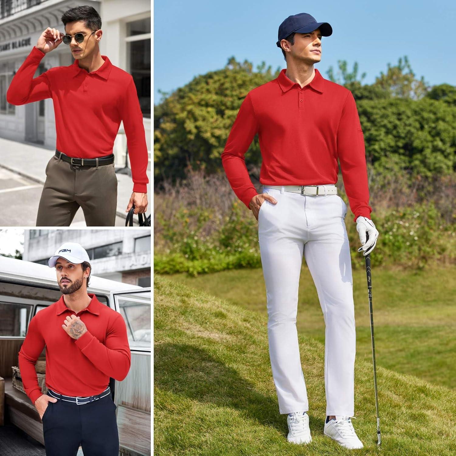 imageDeyeek Mens Polo Shirts Long Sleeve Golf Polo Shirts for Men Quick Dry UPF 50 Sun Protection Polos Casual Collared ShirtsRed