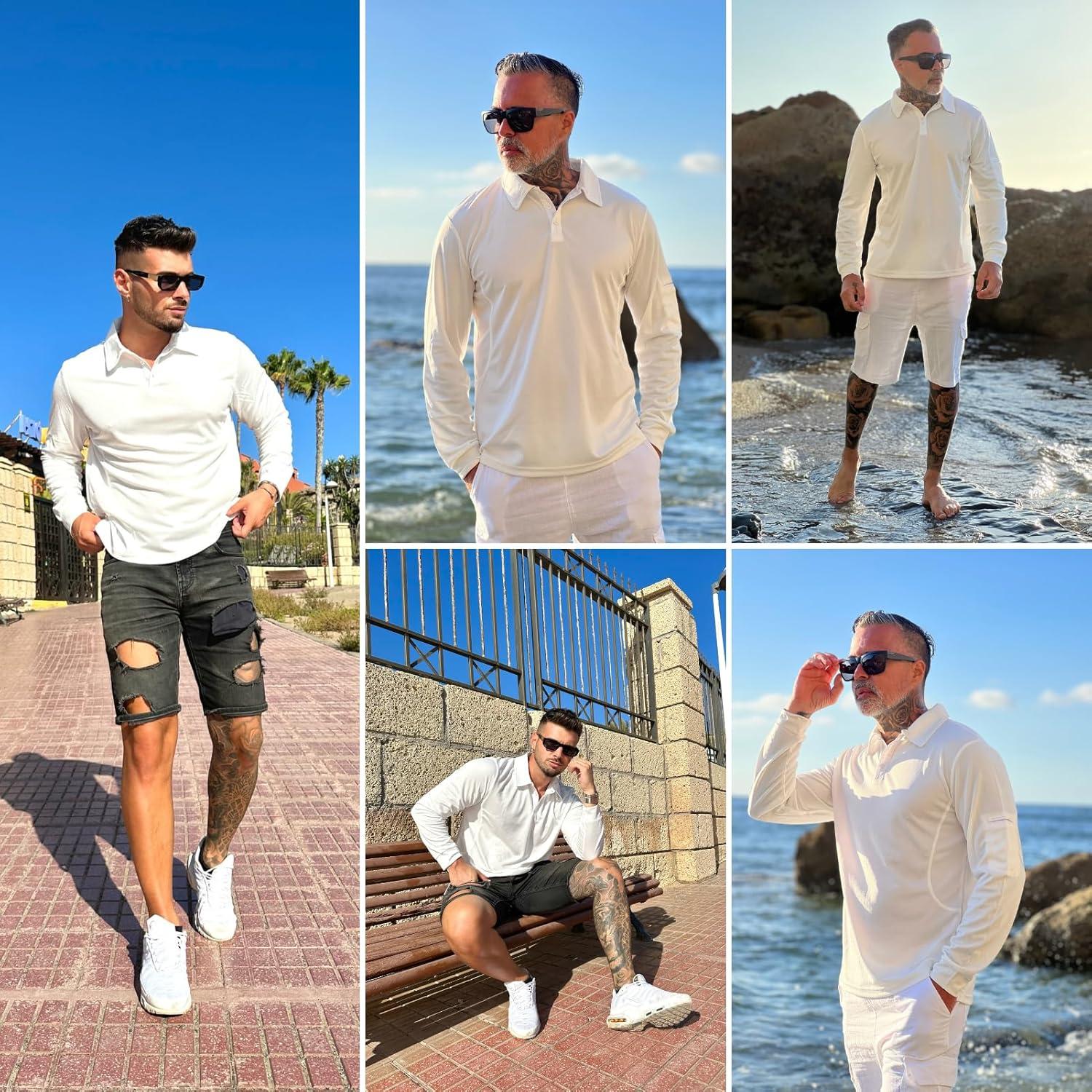 imageDeyeek Mens Polo Shirts Long Sleeve Golf Polo Shirts for Men Quick Dry UPF 50 Sun Protection Polos Casual Collared ShirtsWhite