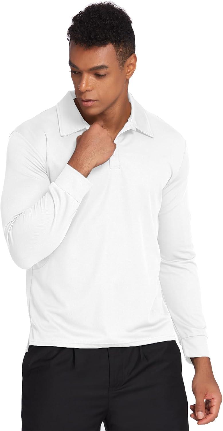 imageDeyeek Mens Polo Shirts Long Sleeve Golf Polo Shirts for Men Quick Dry UPF 50 Sun Protection Polos Casual Collared ShirtsWhite