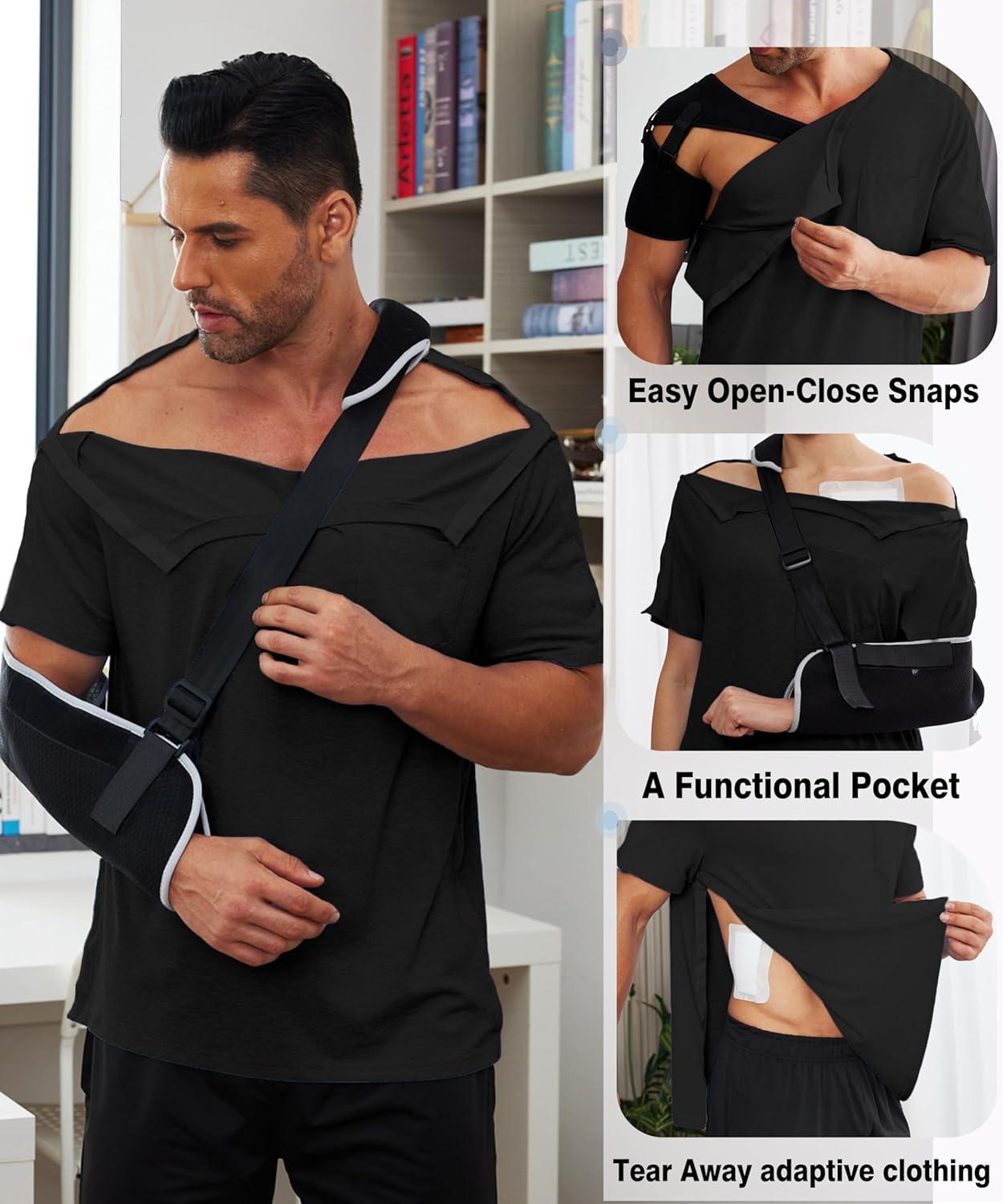 imageDeyeek Mens Post Shoulder Surgery Shirts Recovery Tear Away Short Sleeve Full Open Side Snap Adaptive Chemo ClothingBlack