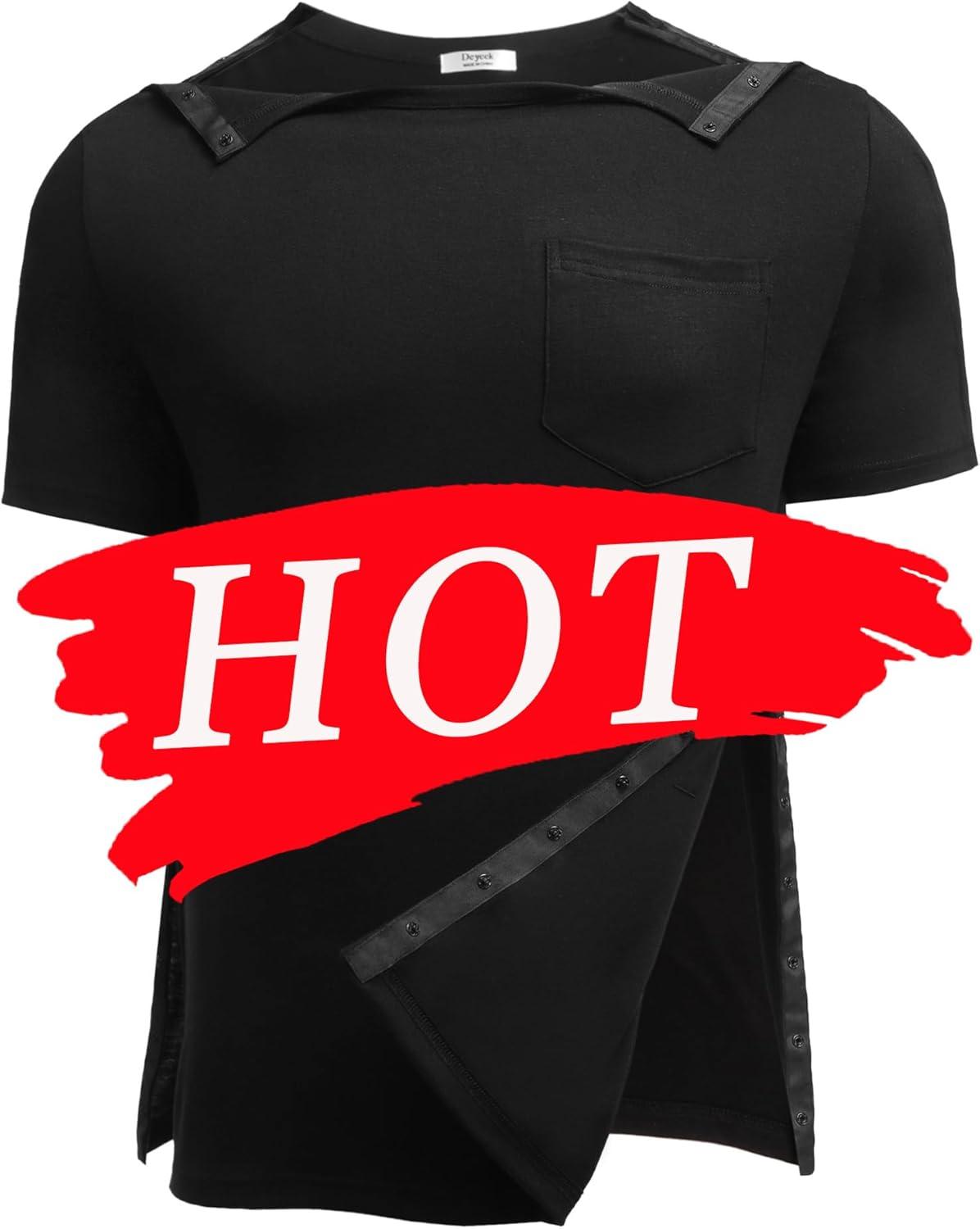 imageDeyeek Mens Post Shoulder Surgery Shirts Recovery Tear Away Short Sleeve Full Open Side Snap Adaptive Chemo ClothingBlack