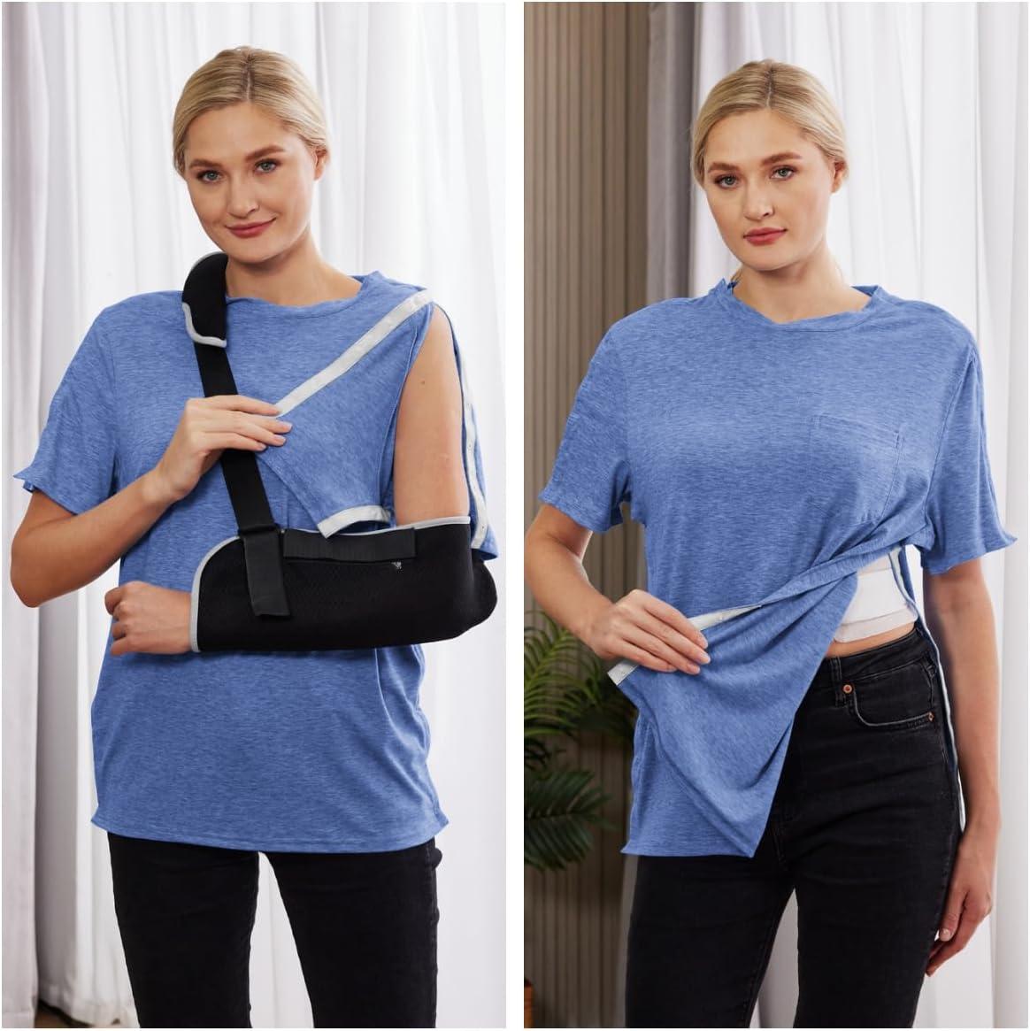 imageDeyeek Mens Post Shoulder Surgery Shirts Recovery Tear Away Short Sleeve Full Open Side Snap Adaptive Chemo ClothingBlue