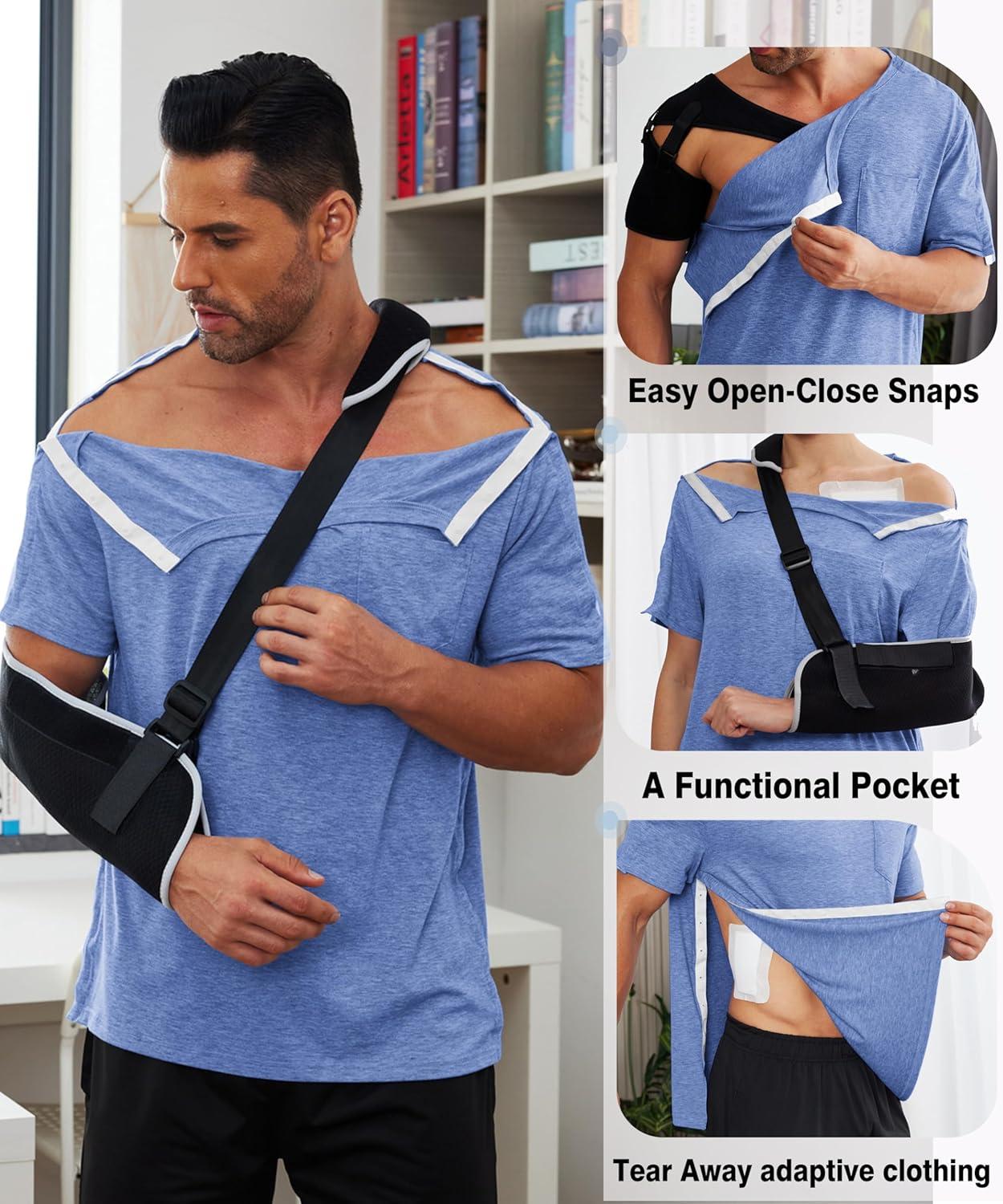 imageDeyeek Mens Post Shoulder Surgery Shirts Recovery Tear Away Short Sleeve Full Open Side Snap Adaptive Chemo ClothingBlue
