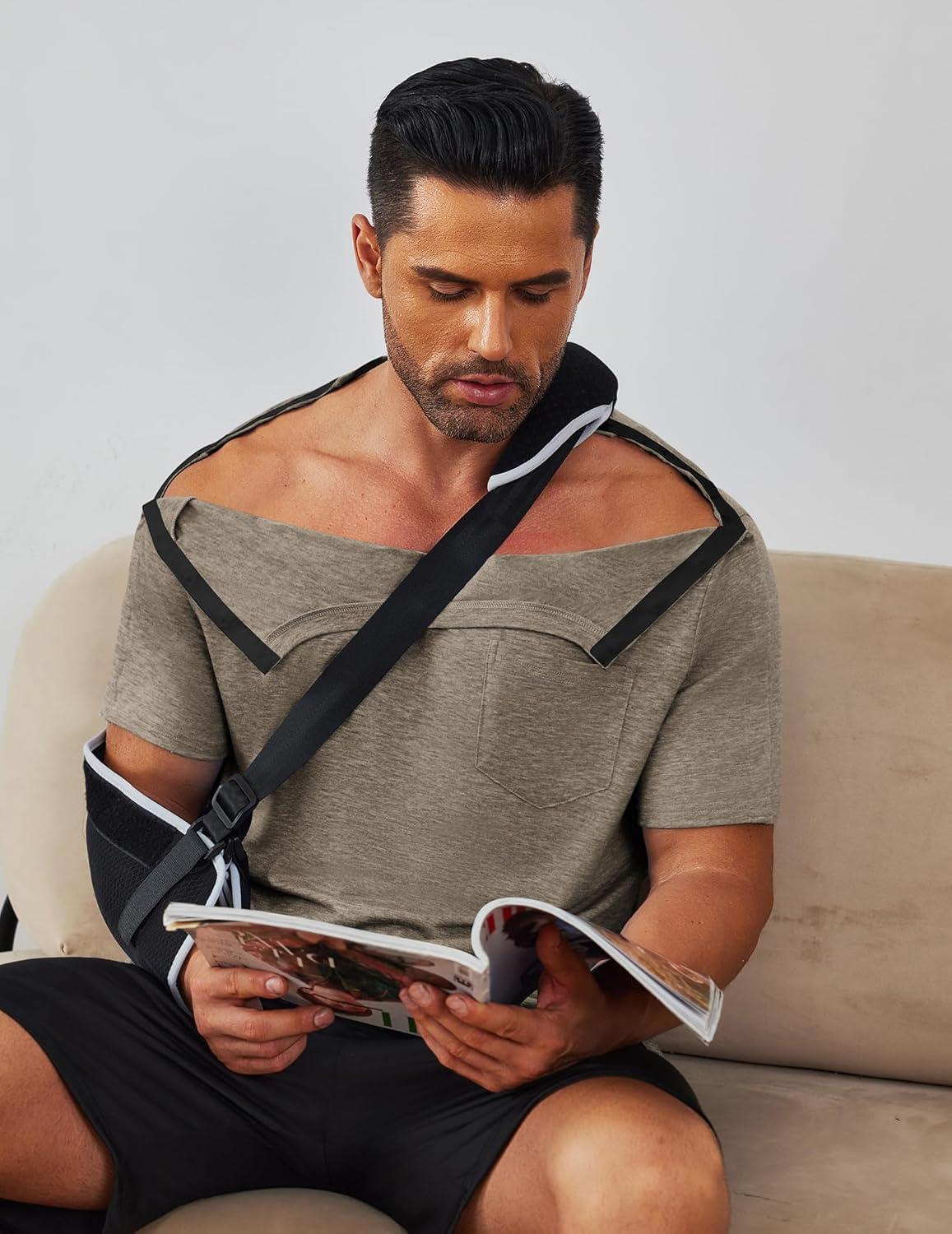 imageDeyeek Mens Post Shoulder Surgery Shirts Recovery Tear Away Short Sleeve Full Open Side Snap Adaptive Chemo ClothingBrown