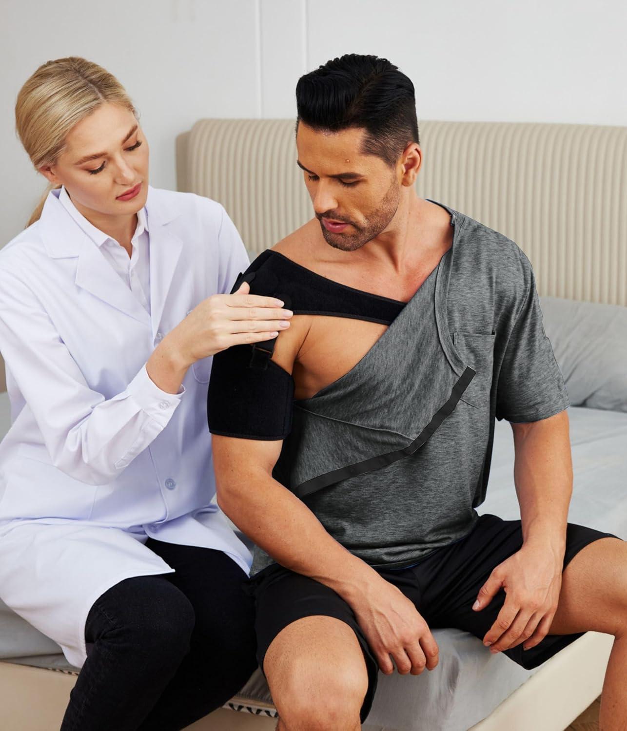 imageDeyeek Mens Post Shoulder Surgery Shirts Recovery Tear Away Short Sleeve Full Open Side Snap Adaptive Chemo ClothingDeep Grey