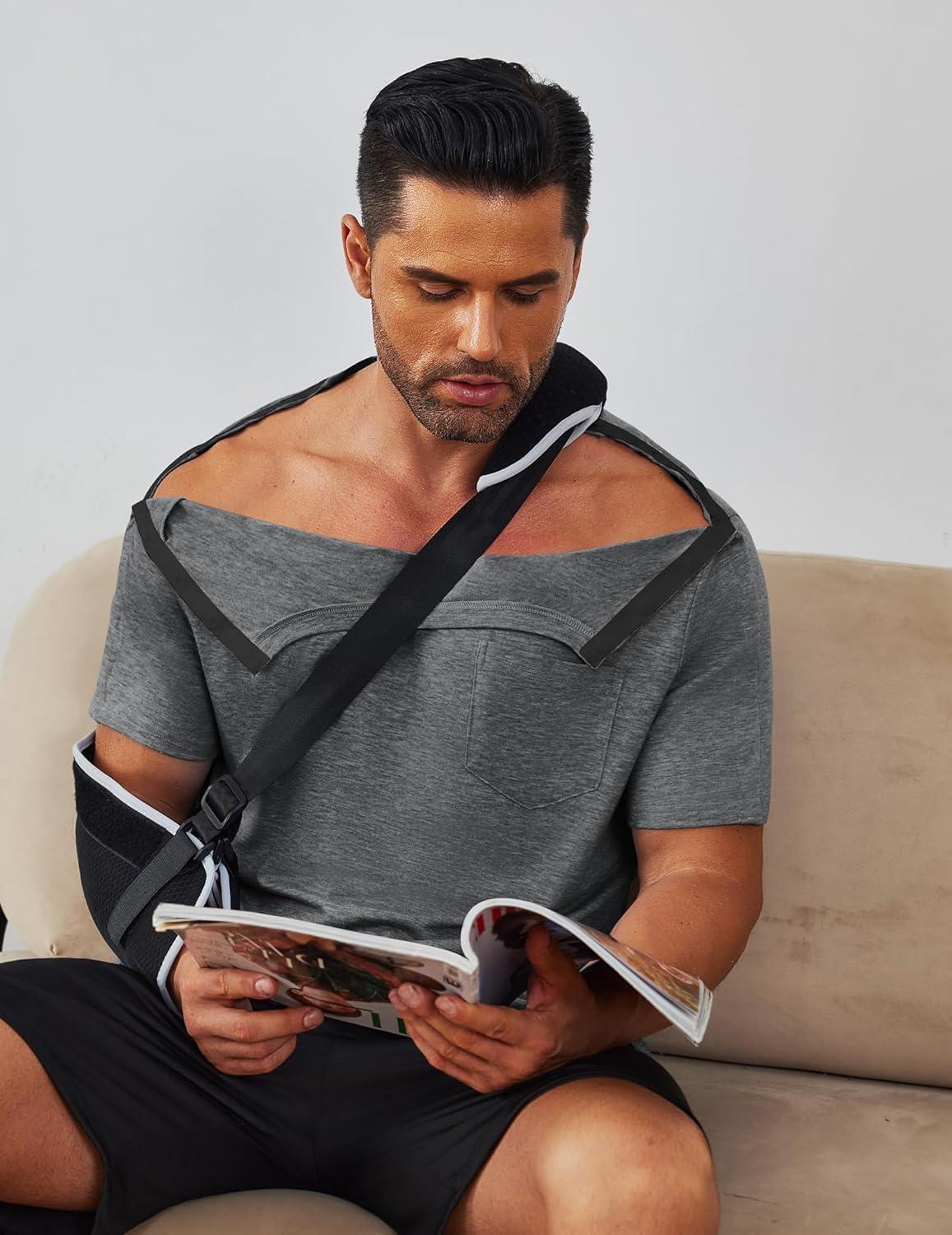 imageDeyeek Mens Post Shoulder Surgery Shirts Recovery Tear Away Short Sleeve Full Open Side Snap Adaptive Chemo ClothingDeep Grey