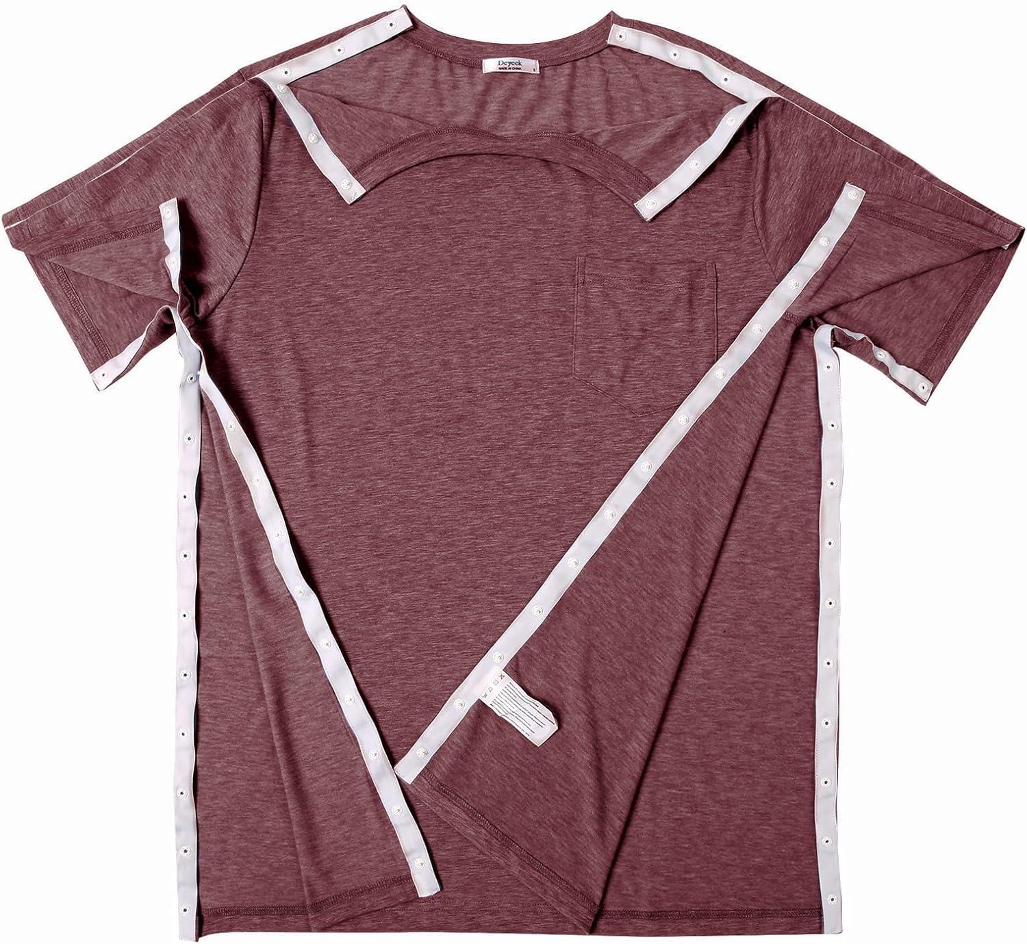imageDeyeek Mens Post Shoulder Surgery Shirts Recovery Tear Away Short Sleeve Full Open Side Snap Adaptive Chemo ClothingDeep Red