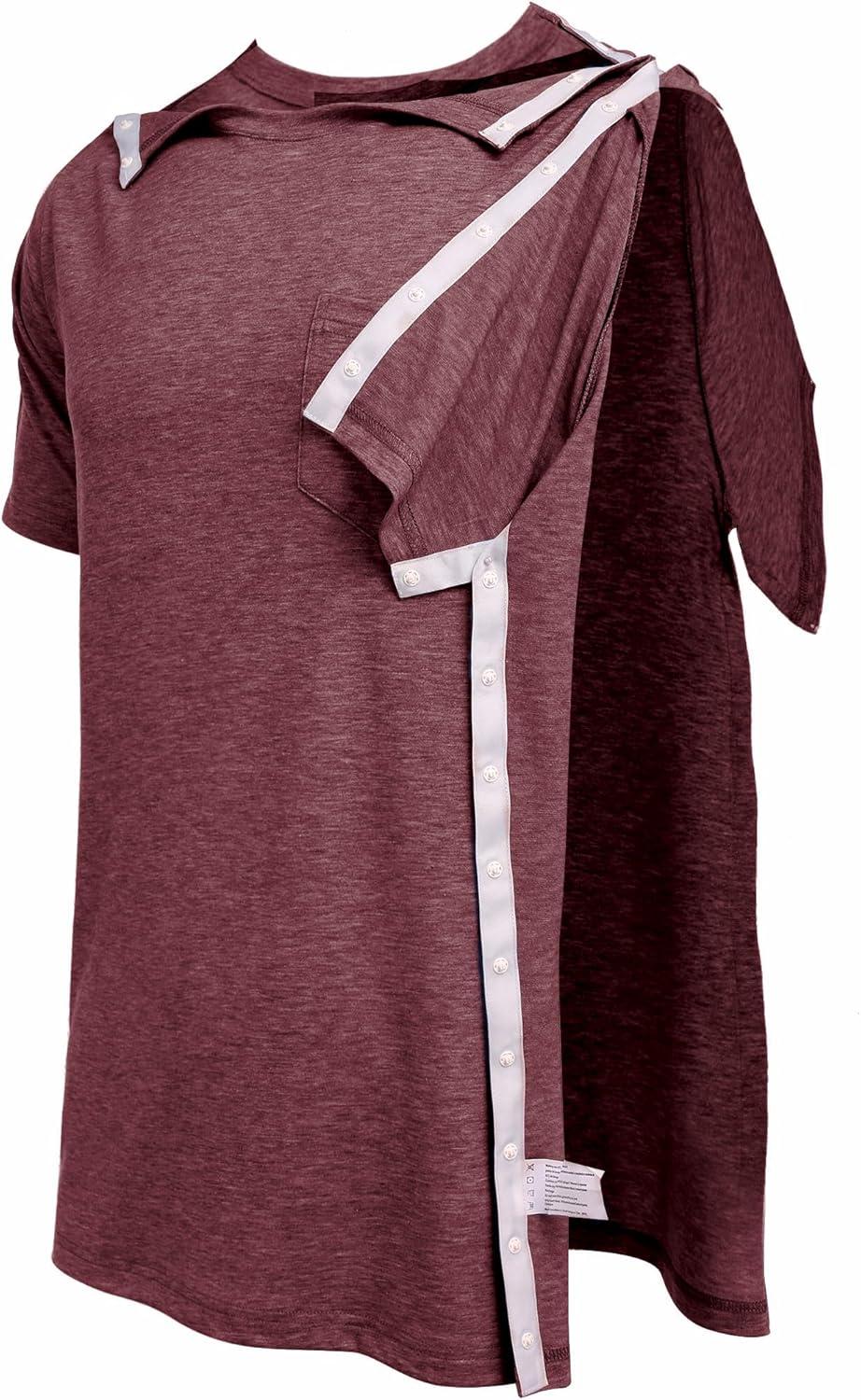 imageDeyeek Mens Post Shoulder Surgery Shirts Recovery Tear Away Short Sleeve Full Open Side Snap Adaptive Chemo ClothingDeep Red
