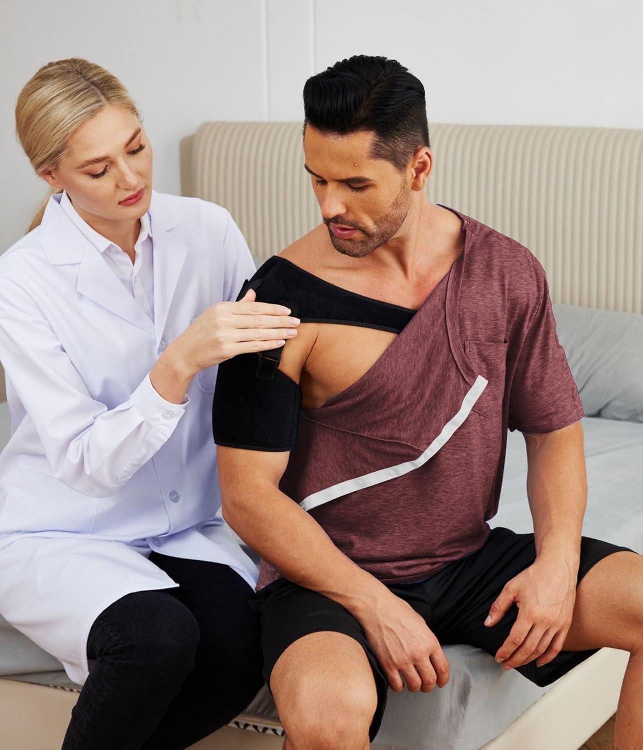 imageDeyeek Mens Post Shoulder Surgery Shirts Recovery Tear Away Short Sleeve Full Open Side Snap Adaptive Chemo ClothingDeep Red