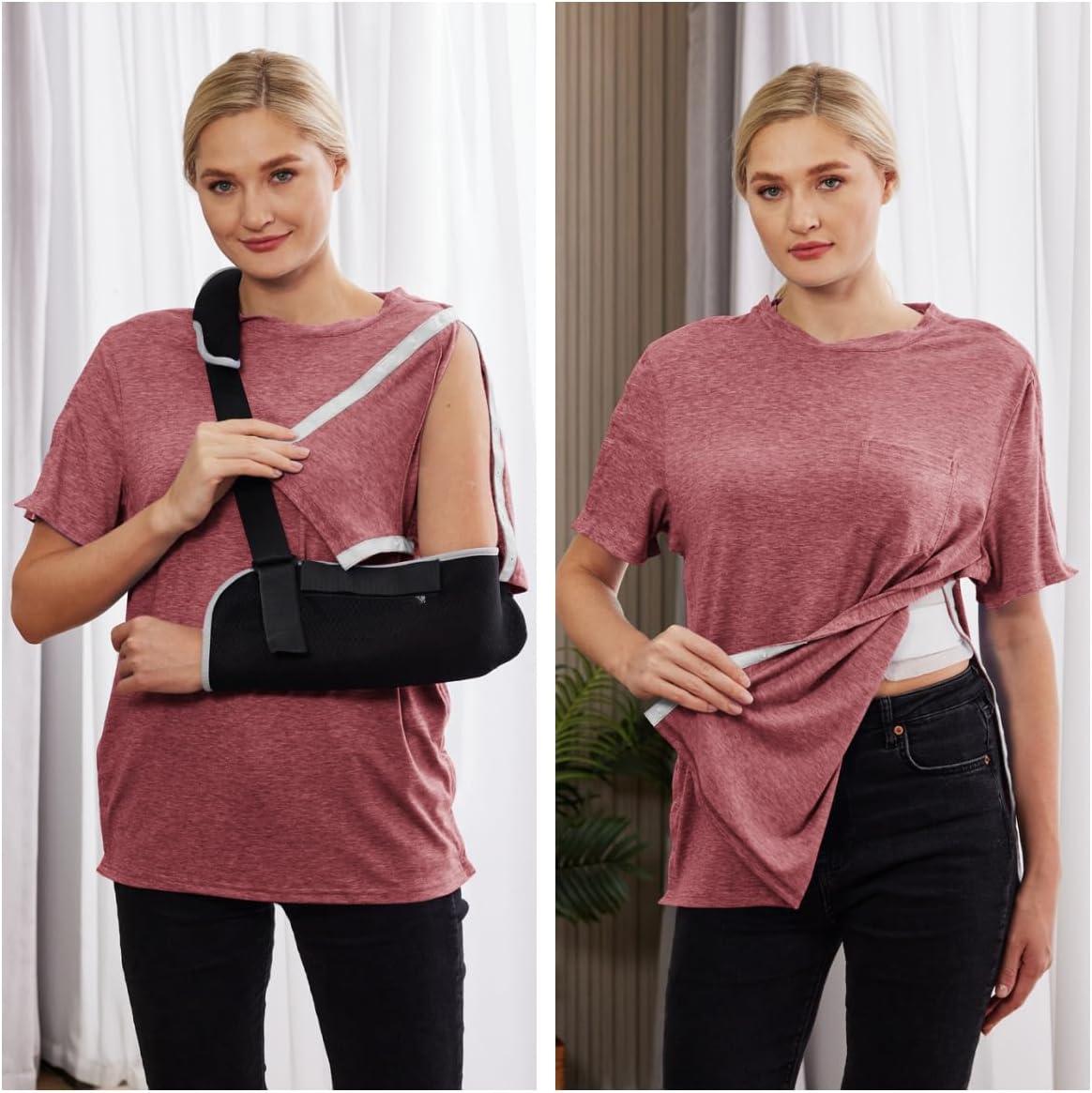 imageDeyeek Mens Post Shoulder Surgery Shirts Recovery Tear Away Short Sleeve Full Open Side Snap Adaptive Chemo ClothingGrey Purplered