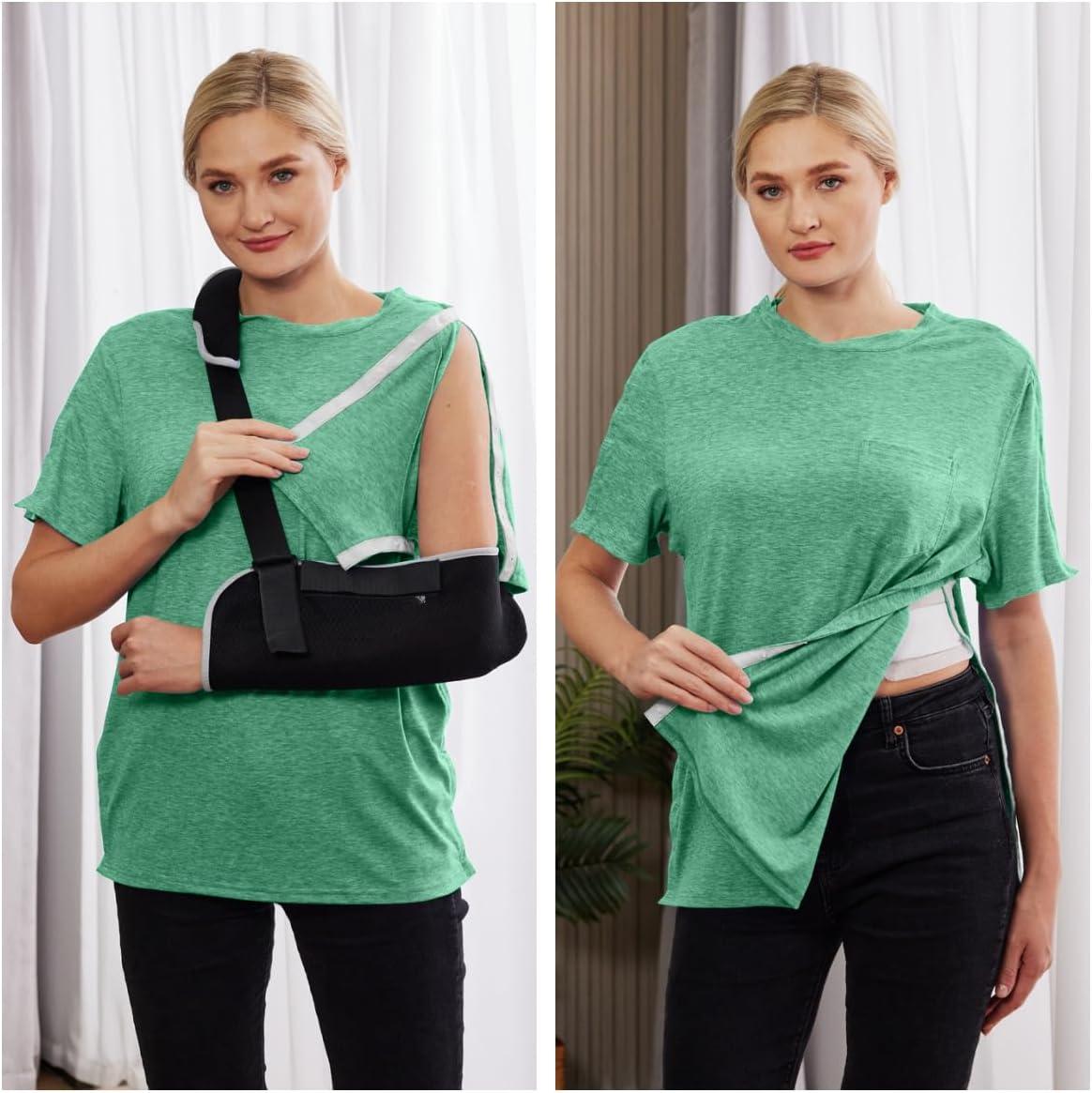 imageDeyeek Mens Post Shoulder Surgery Shirts Recovery Tear Away Short Sleeve Full Open Side Snap Adaptive Chemo ClothingGreygreen