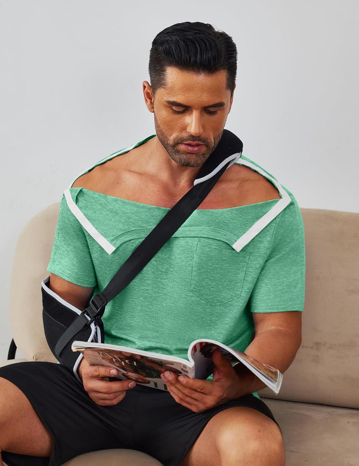 imageDeyeek Mens Post Shoulder Surgery Shirts Recovery Tear Away Short Sleeve Full Open Side Snap Adaptive Chemo ClothingGreygreen