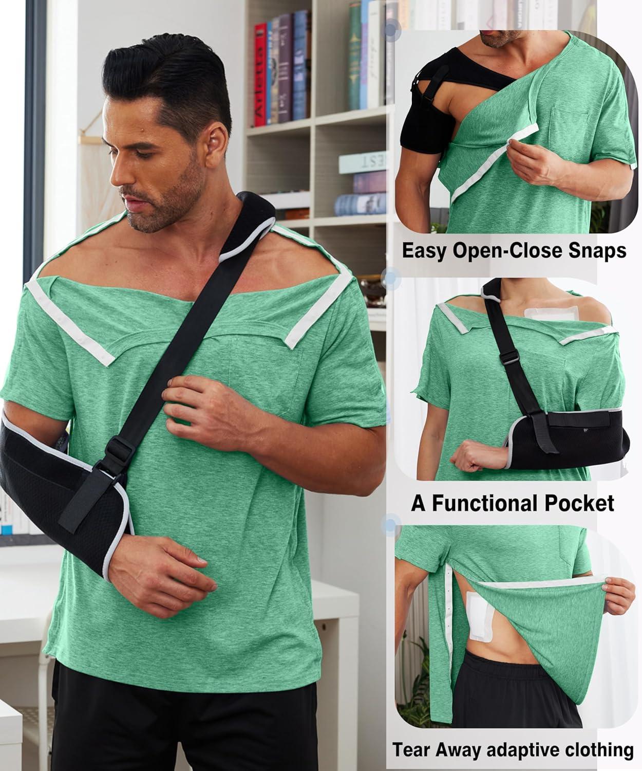 imageDeyeek Mens Post Shoulder Surgery Shirts Recovery Tear Away Short Sleeve Full Open Side Snap Adaptive Chemo ClothingGreygreen