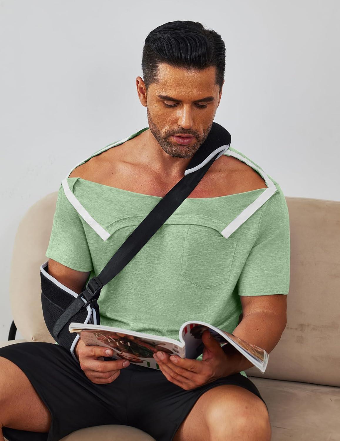 imageDeyeek Mens Post Shoulder Surgery Shirts Recovery Tear Away Short Sleeve Full Open Side Snap Adaptive Chemo ClothingIce Green