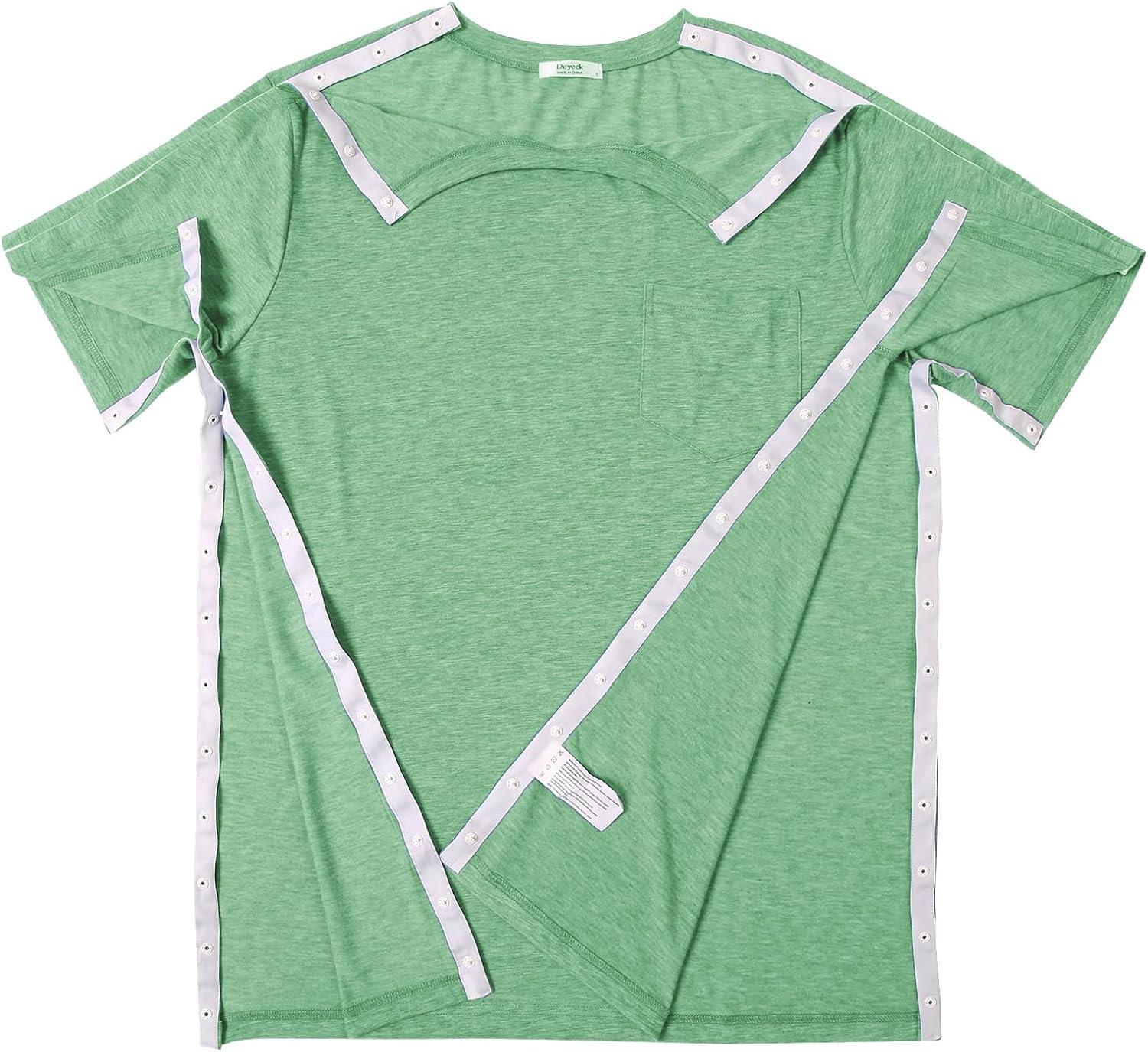 imageDeyeek Mens Post Shoulder Surgery Shirts Recovery Tear Away Short Sleeve Full Open Side Snap Adaptive Chemo ClothingLight Green