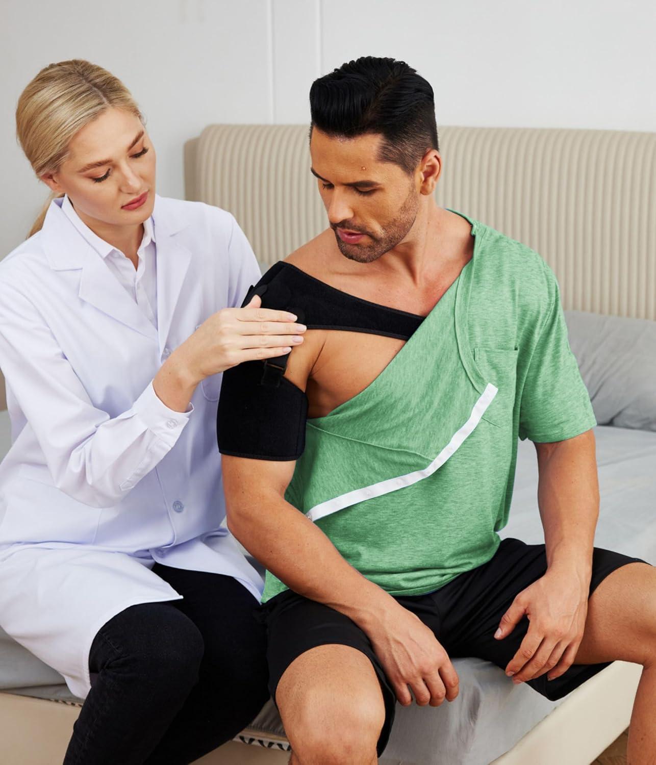 imageDeyeek Mens Post Shoulder Surgery Shirts Recovery Tear Away Short Sleeve Full Open Side Snap Adaptive Chemo ClothingLight Green
