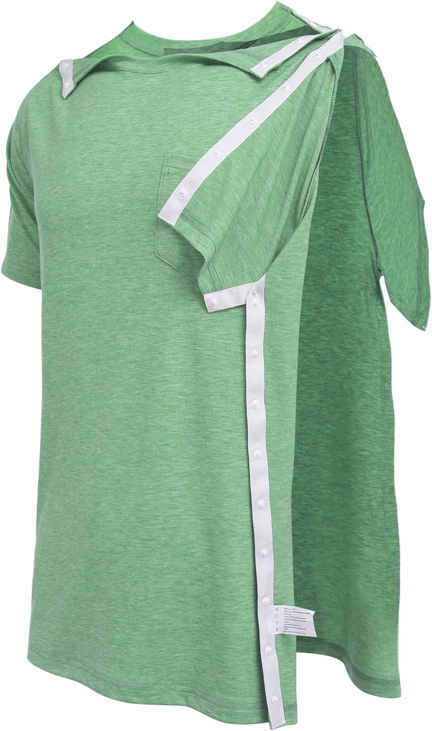 imageDeyeek Mens Post Shoulder Surgery Shirts Recovery Tear Away Short Sleeve Full Open Side Snap Adaptive Chemo ClothingLight Green