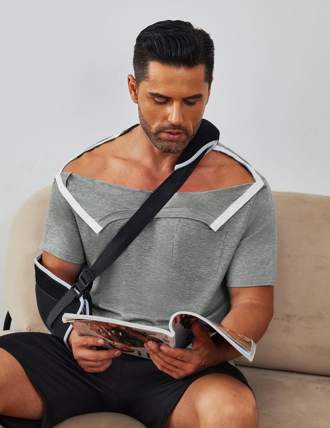 imageDeyeek Mens Post Shoulder Surgery Shirts Recovery Tear Away Short Sleeve Full Open Side Snap Adaptive Chemo ClothingLight Grey