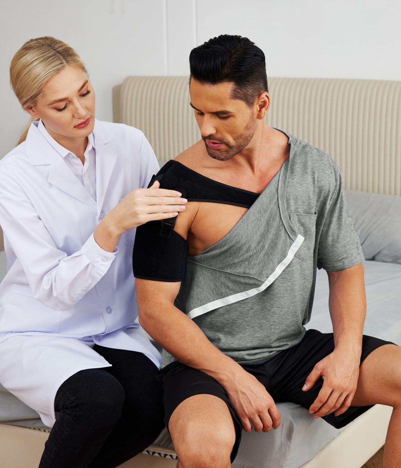 imageDeyeek Mens Post Shoulder Surgery Shirts Recovery Tear Away Short Sleeve Full Open Side Snap Adaptive Chemo ClothingLight Grey