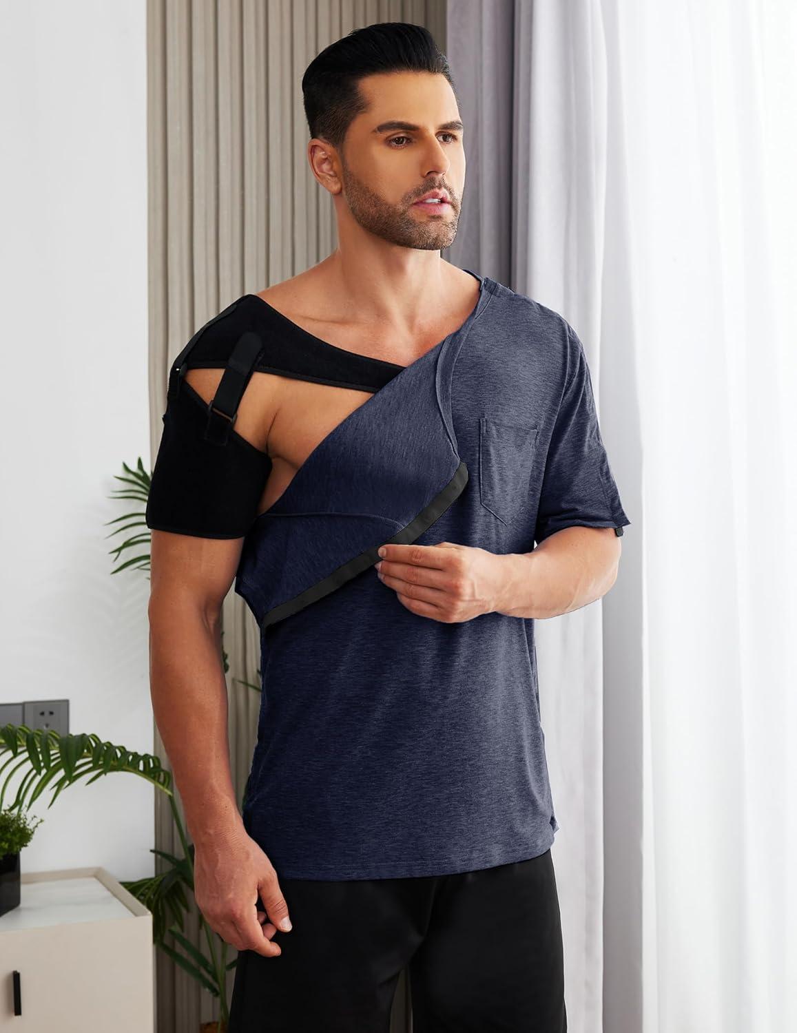 imageDeyeek Mens Post Shoulder Surgery Shirts Recovery Tear Away Short Sleeve Full Open Side Snap Adaptive Chemo ClothingNavy Blue