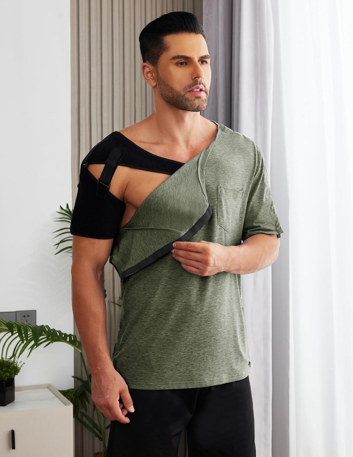 imageDeyeek Mens Post Shoulder Surgery Shirts Recovery Tear Away Short Sleeve Full Open Side Snap Adaptive Chemo ClothingOlive Green