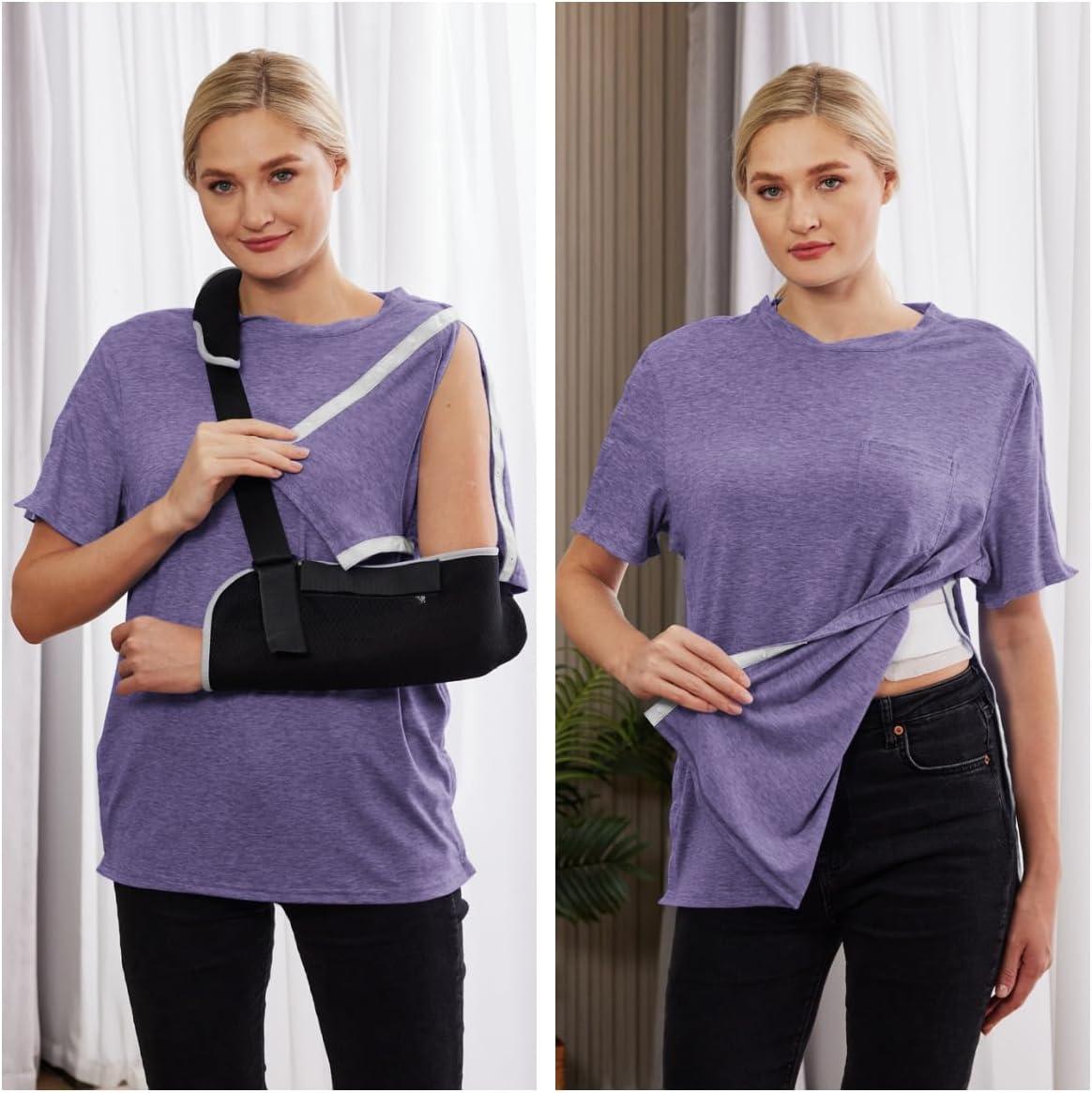 imageDeyeek Mens Post Shoulder Surgery Shirts Recovery Tear Away Short Sleeve Full Open Side Snap Adaptive Chemo ClothingPurple