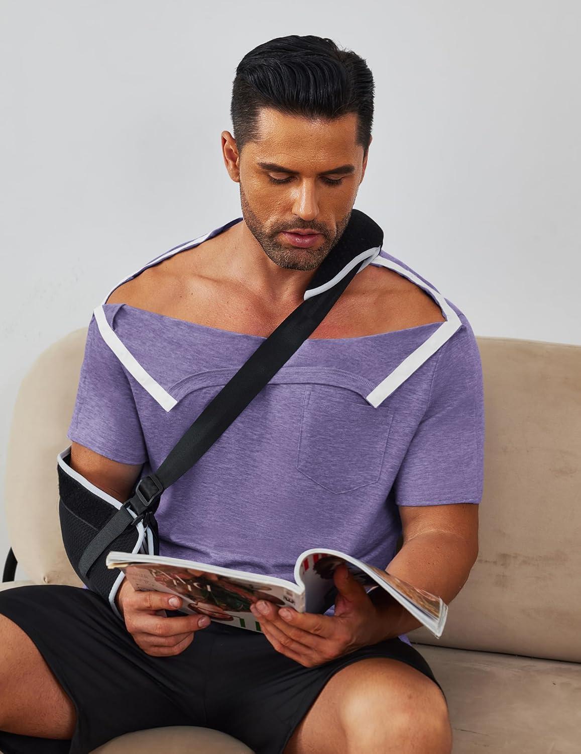 imageDeyeek Mens Post Shoulder Surgery Shirts Recovery Tear Away Short Sleeve Full Open Side Snap Adaptive Chemo ClothingPurple