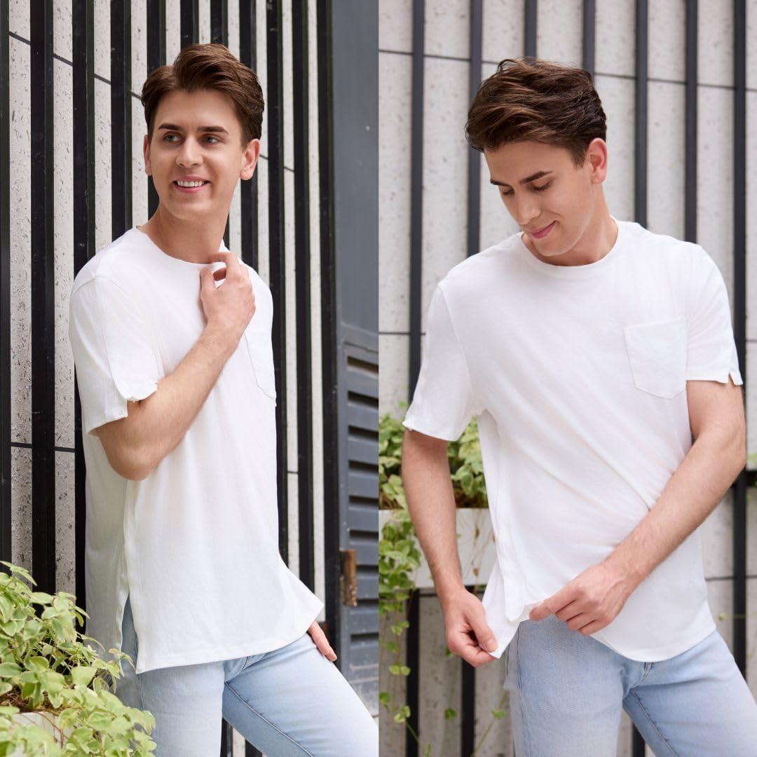 imageDeyeek Mens Post Shoulder Surgery Shirts Recovery Tear Away Short Sleeve Full Open Side Snap Adaptive Chemo ClothingWhite