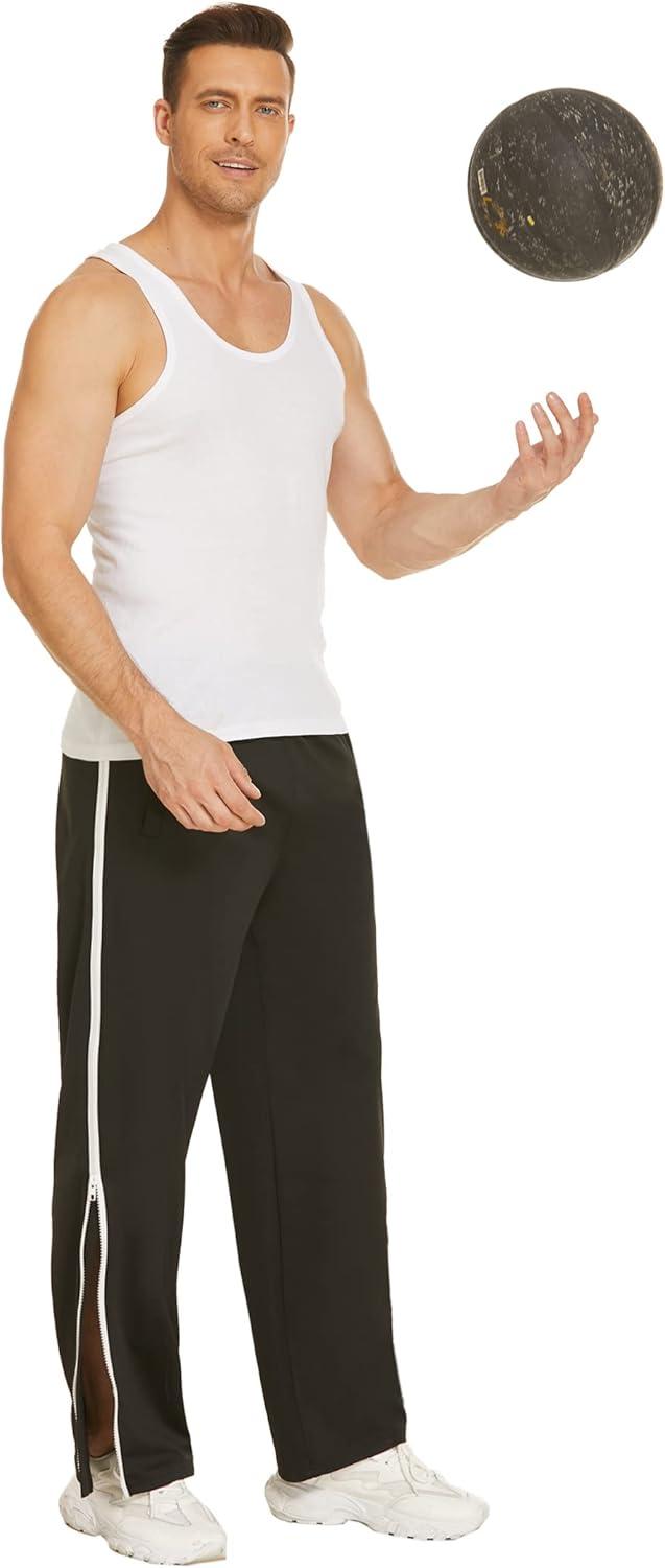 imageDeyeek Mens Tear Away Basketball Pants 2 Side Zippers Snap Off Full Open Down Sweatpants Leg Post Surgery Pant with PocketsBlack