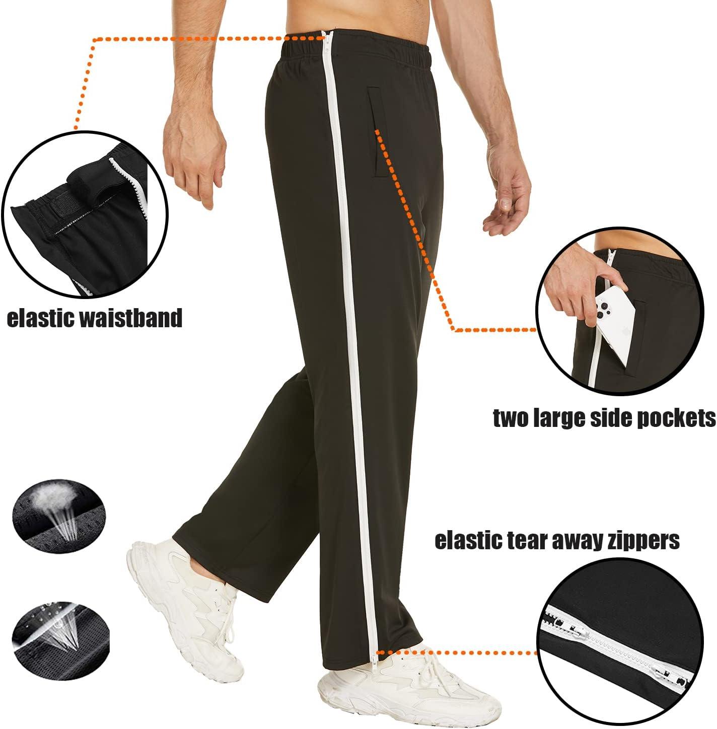 imageDeyeek Mens Tear Away Basketball Pants 2 Side Zippers Snap Off Full Open Down Sweatpants Leg Post Surgery Pant with PocketsBlack