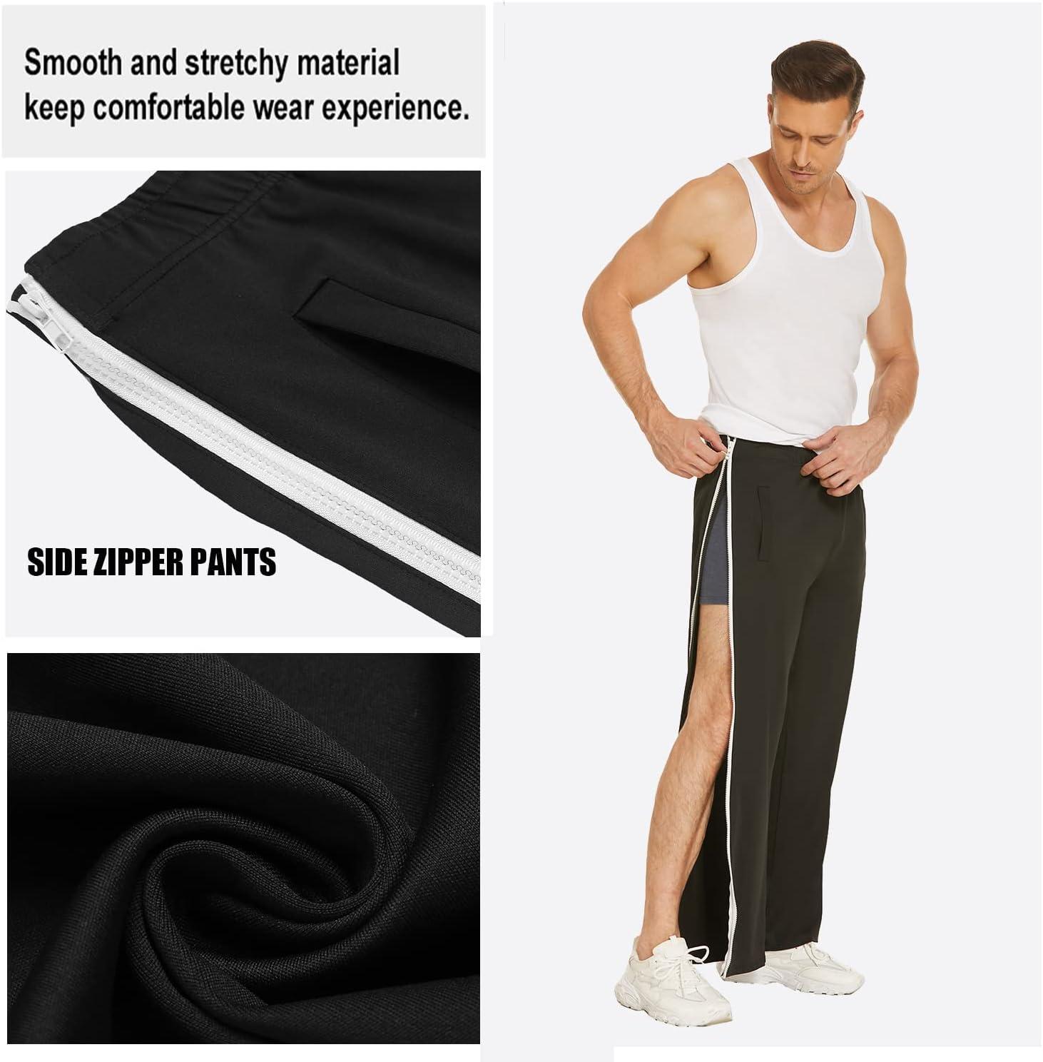 imageDeyeek Mens Tear Away Basketball Pants 2 Side Zippers Snap Off Full Open Down Sweatpants Leg Post Surgery Pant with PocketsBlack