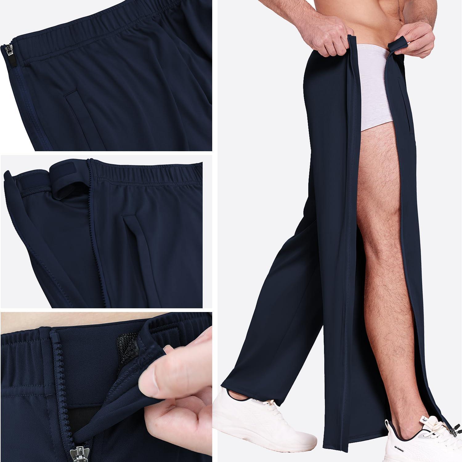 imageDeyeek Mens Tear Away Basketball Pants 2 Side Zippers Snap Off Full Open Down Sweatpants Leg Post Surgery Pant with PocketsBlue