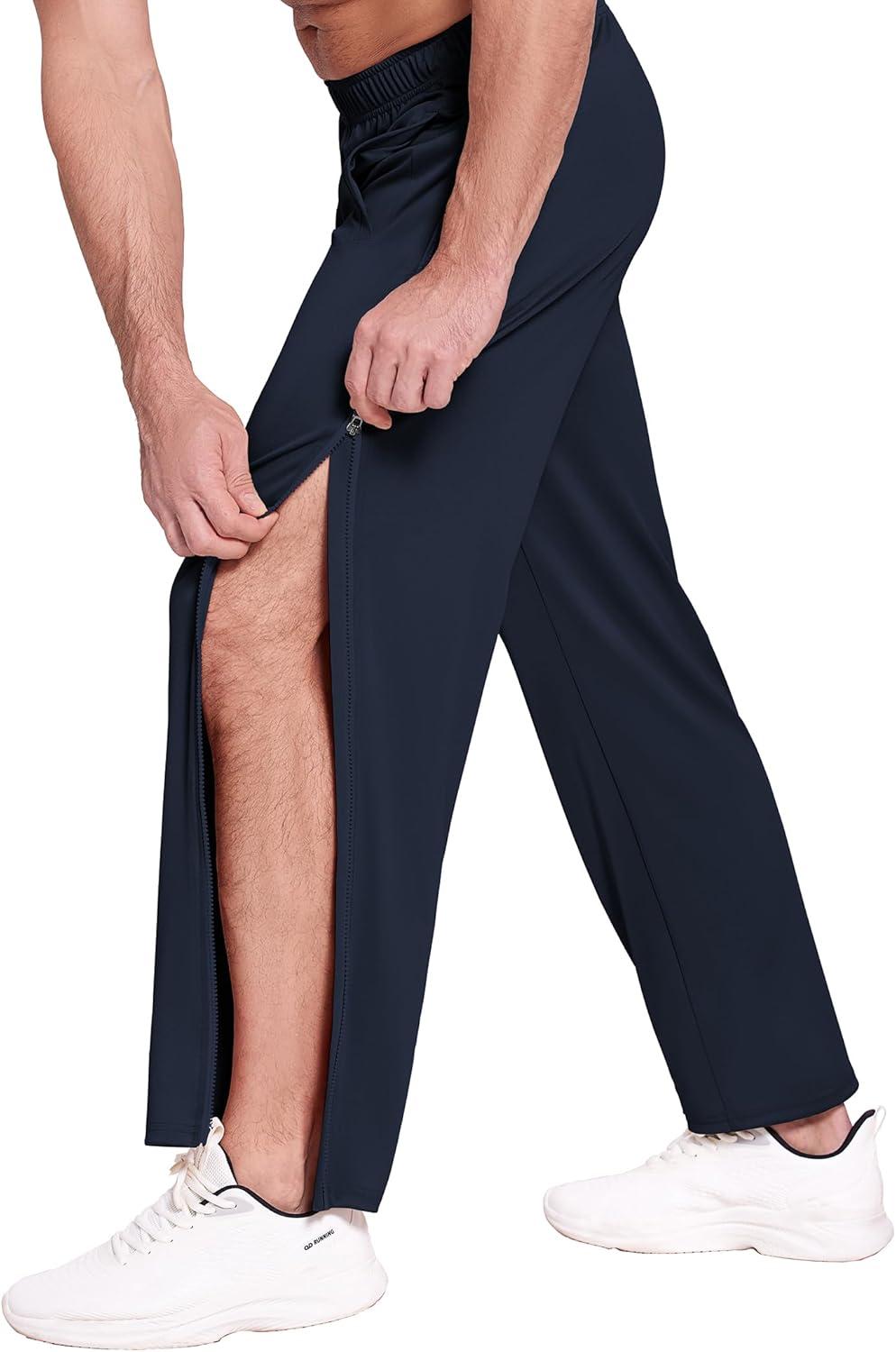 imageDeyeek Mens Tear Away Basketball Pants 2 Side Zippers Snap Off Full Open Down Sweatpants Leg Post Surgery Pant with PocketsBlue