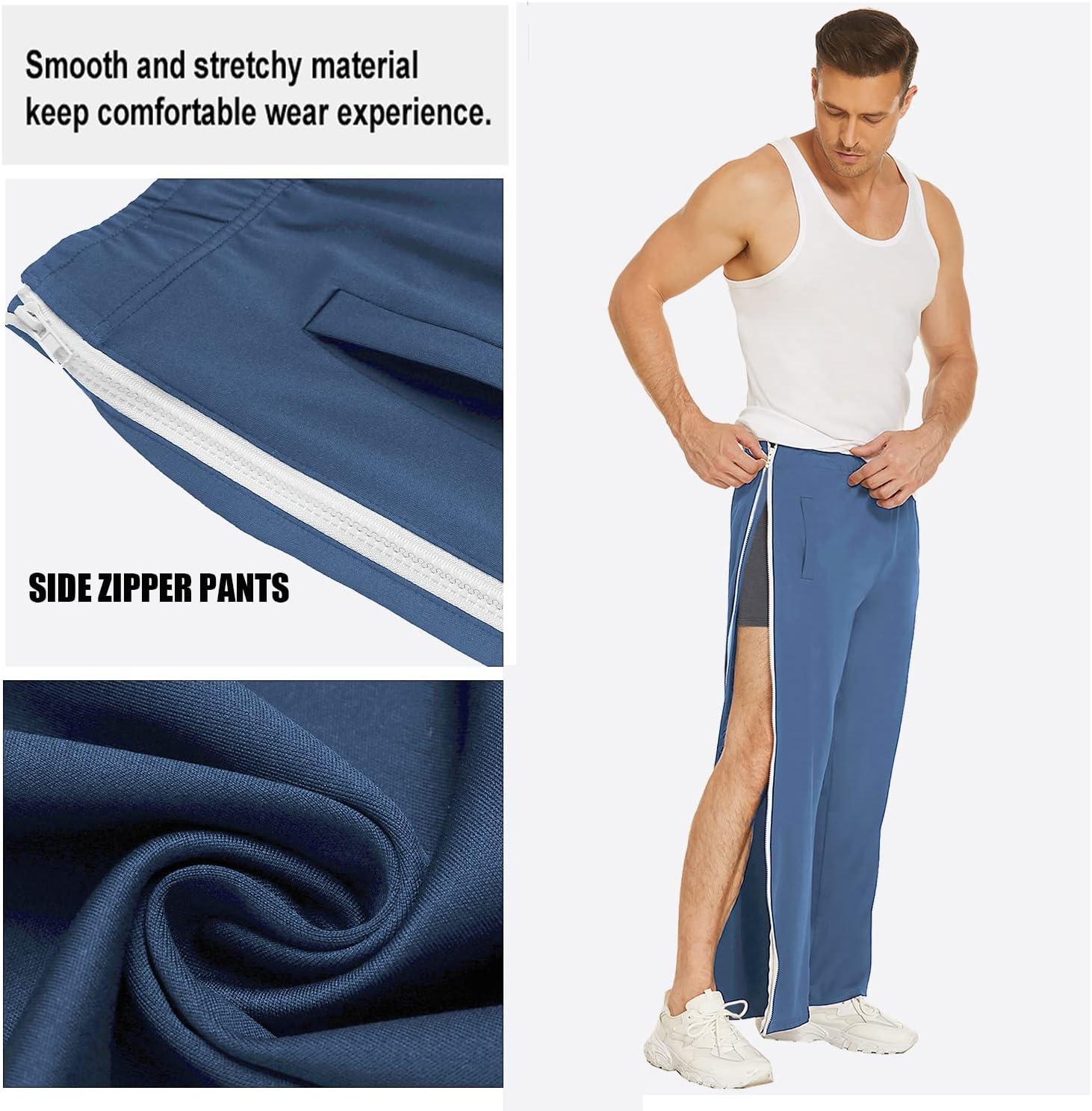 imageDeyeek Mens Tear Away Basketball Pants 2 Side Zippers Snap Off Full Open Down Sweatpants Leg Post Surgery Pant with PocketsBlue Gray