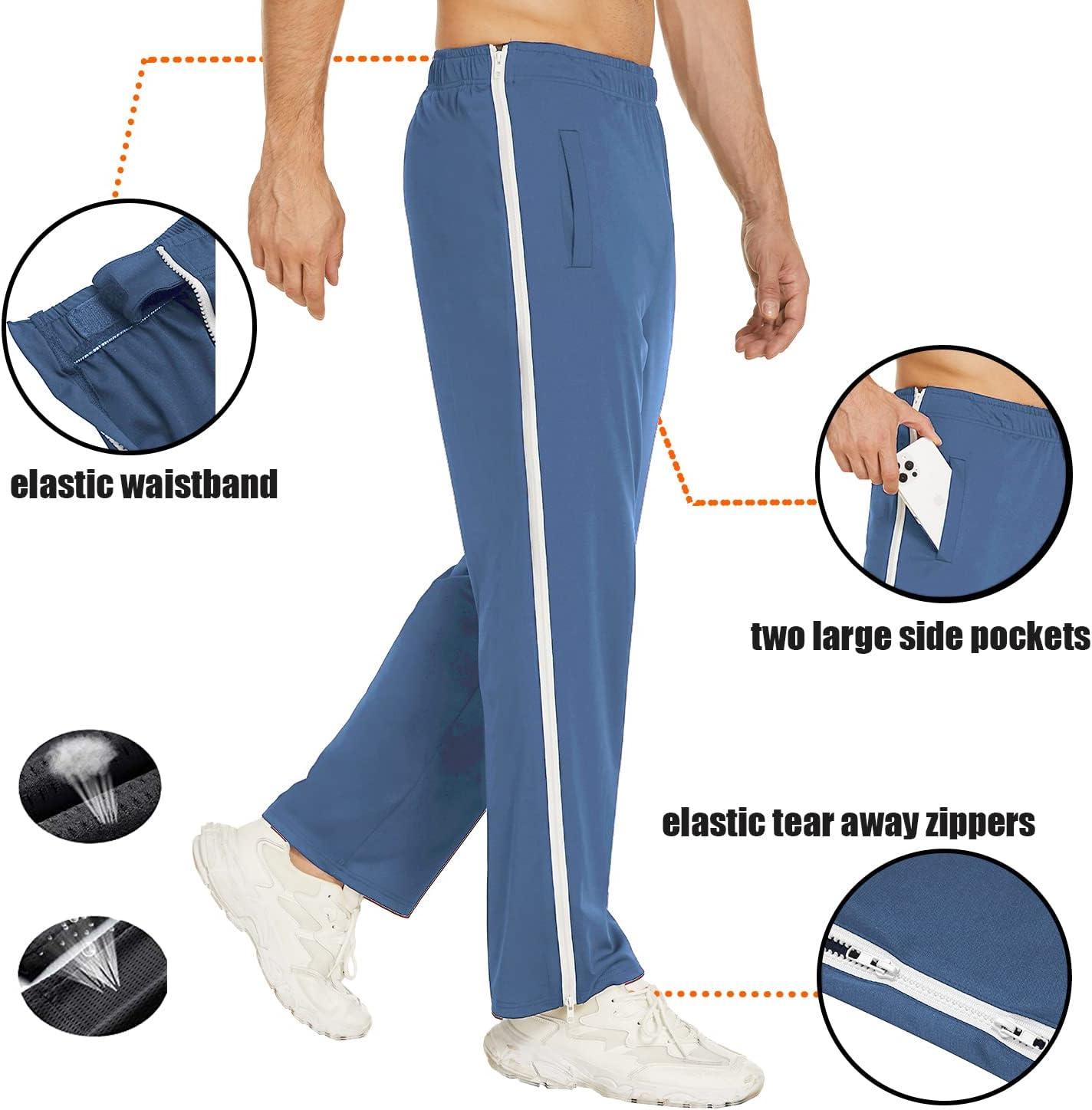 imageDeyeek Mens Tear Away Basketball Pants 2 Side Zippers Snap Off Full Open Down Sweatpants Leg Post Surgery Pant with PocketsBlue Gray