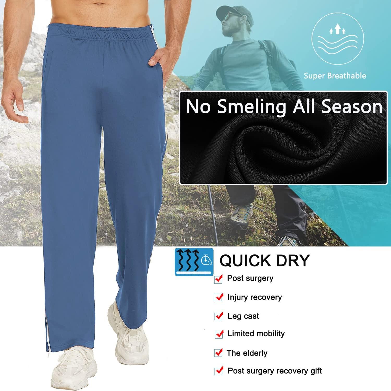 imageDeyeek Mens Tear Away Basketball Pants 2 Side Zippers Snap Off Full Open Down Sweatpants Leg Post Surgery Pant with PocketsBlue Gray